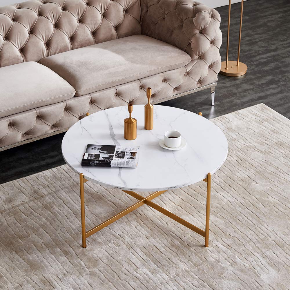 Goujxcy Modern Marble Round Coffee Table with Gold Metal Frame - Stylish Accent Table for Living Room, Bedroom, or Dining Room - Perfect for Small Spaces and Home Decor