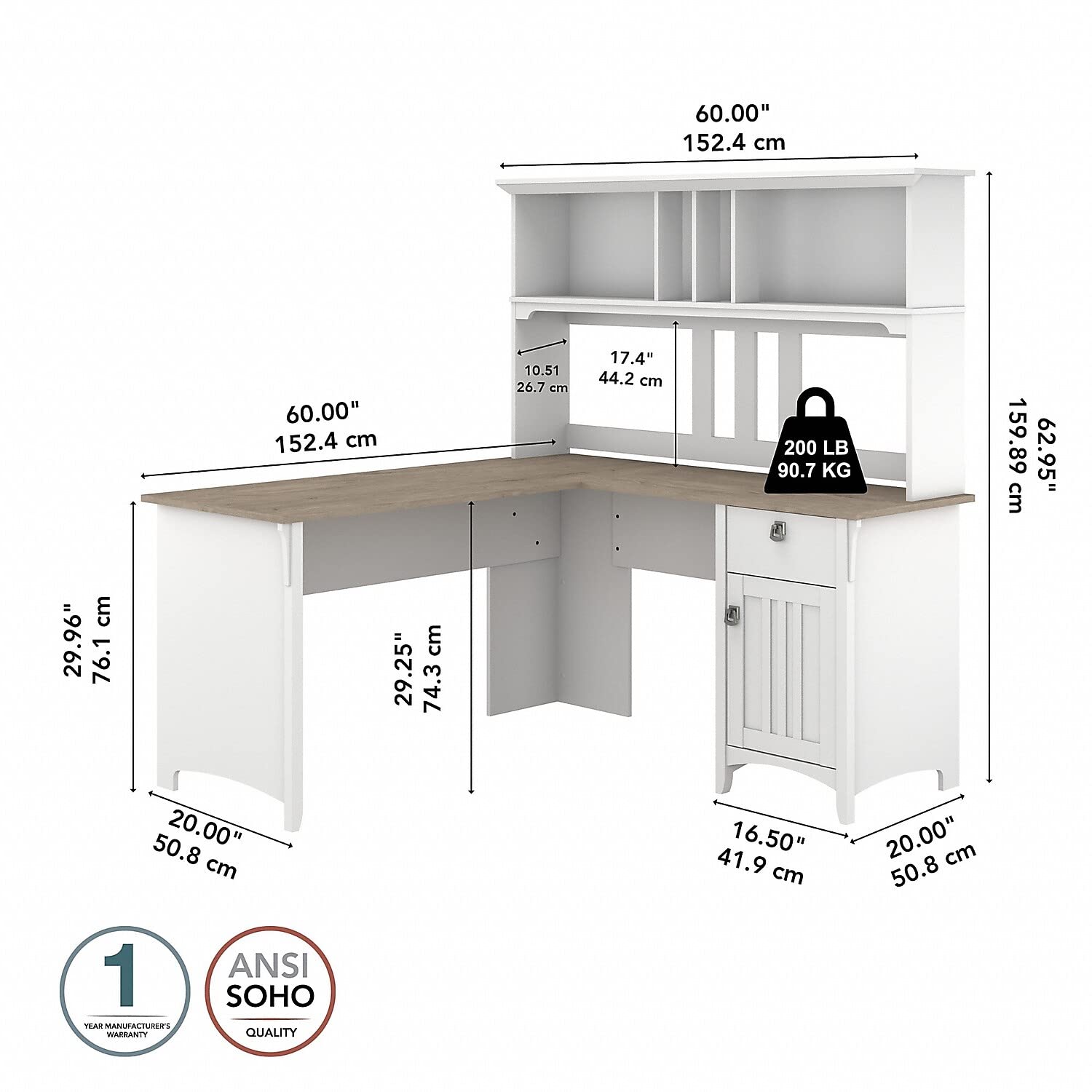 Bush Furniture Salinas L-Shaped Desk with Hutch - Home Office Computer Workstation with Storage Drawers & Cabinets in Pure White/Shiplap Gray | Study Table for Small Spaces | Perfect for Remote Work, Gaming Setup & Student Dorm Rooms