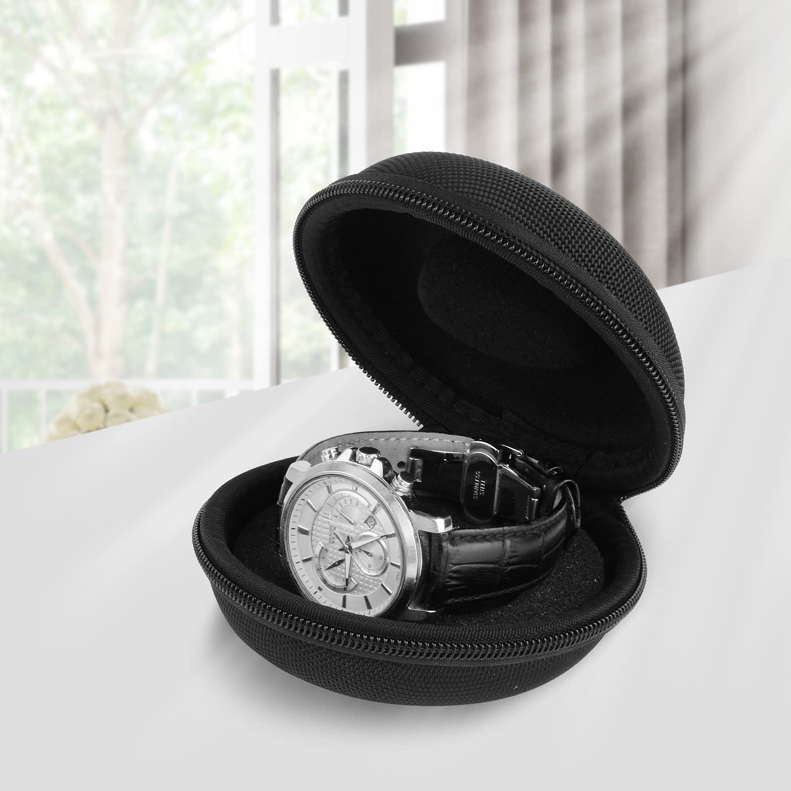 RAYVBLO Travel Watch Case - Single Storage Box for Wristwatches & Smartwatches up to 50mm, Cushioned Round Portable Watch Organizer for Men & Women - Perfect for Travel, Business Trips & Daily Use (Black)