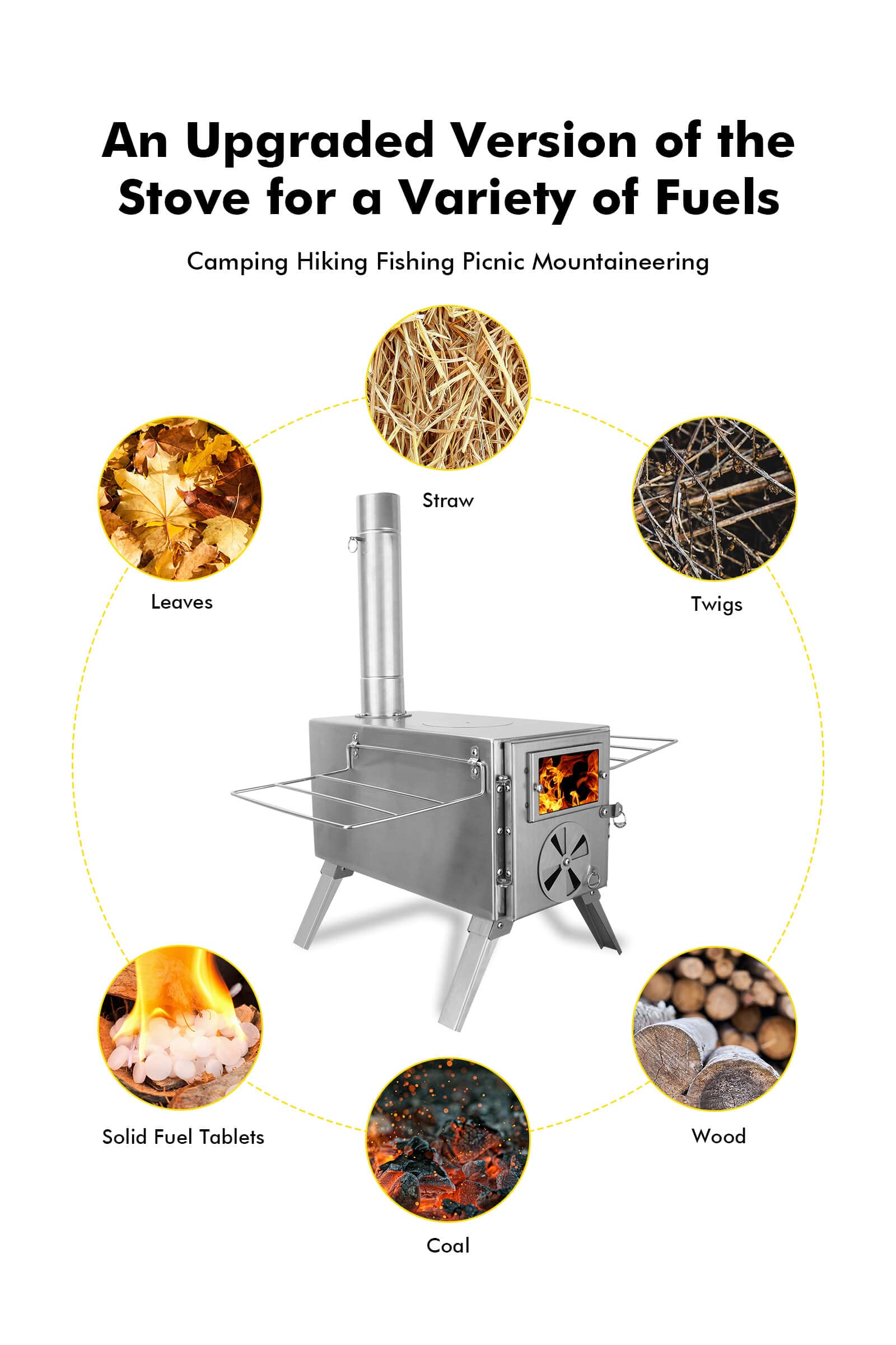 304 Stainless Steel Wood Burning Tent Stove with 7-Piece Chimney Pipe - Portable Camping Stove for Ice Fishing, Hunting, Hiking | Perfect for Winter Camping, Backpacking & Outdoor Adventures (Silver)