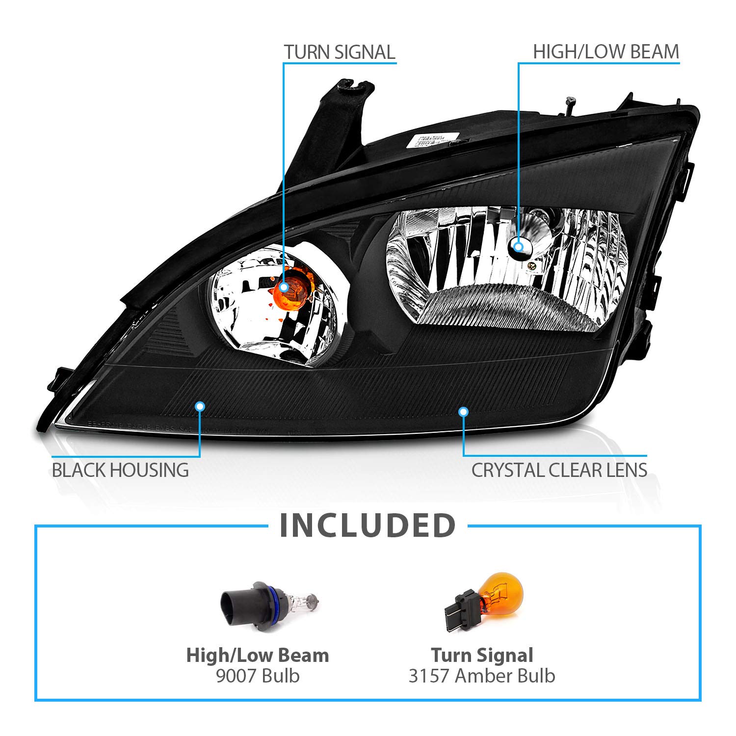 AmeriLite Replacement Headlights for Ford Focus ZX4 - Black 4-Door LED Headlamps (Passenger & Driver Side) | Improved Night Visibility & Style Upgrade