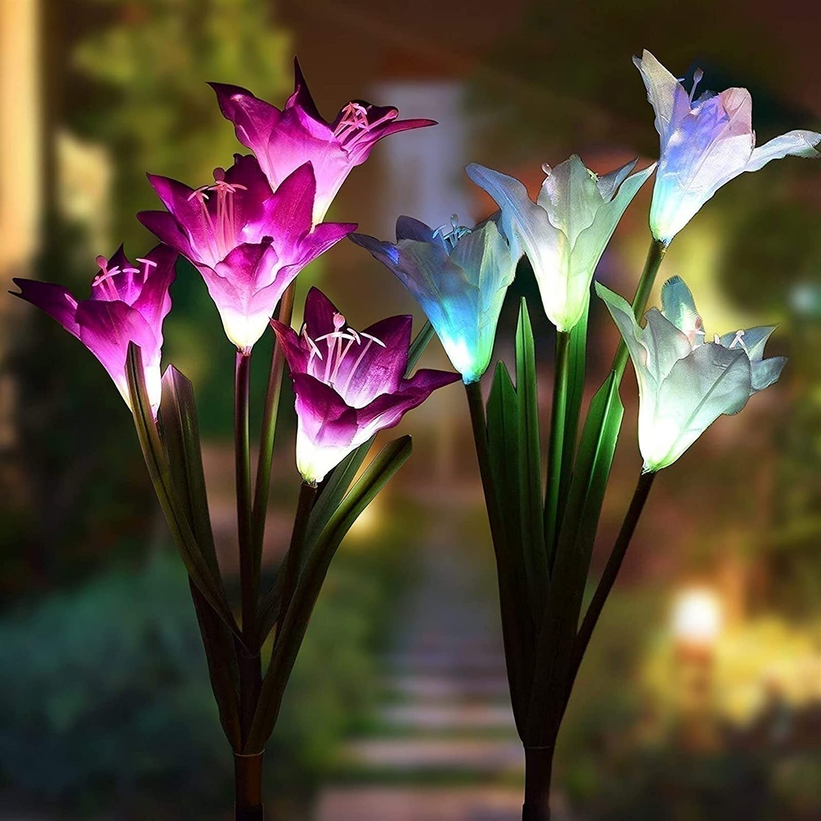 Upgraded Waterproof Outdoor Solar Stake Lights - 2 Sets Solar Garden Lily Lights with 8 Multi-Color Changing LED Flowers for Garden, Patio, Backyard Decor | Perfect for Landscape Lighting, Pathway Illumination & Nighttime Ambience