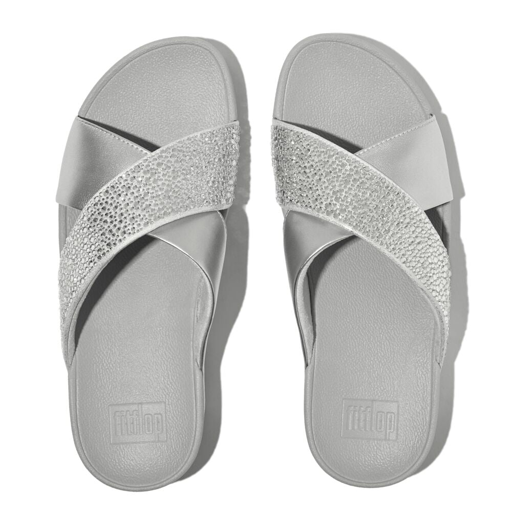 FitFlop Lulu Crystal Mix Slide Sandals for Women - Comfortable Summer Beach Shoes with Glitter Straps, Silver | Perfect for Poolside, Vacation & Casual Outings