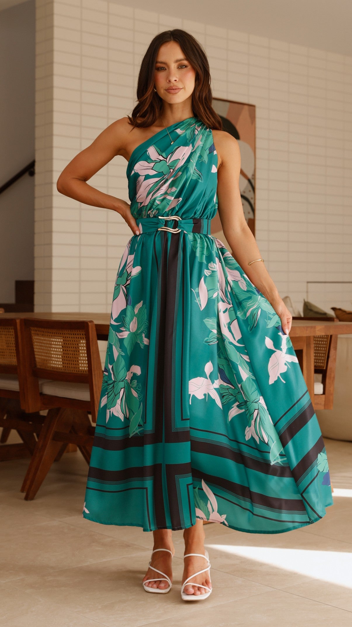 Hadas Maxi Dress - Green Floral Print Long Summer Dress for Women, Perfect for Beach Vacation, Party & Casual Wear