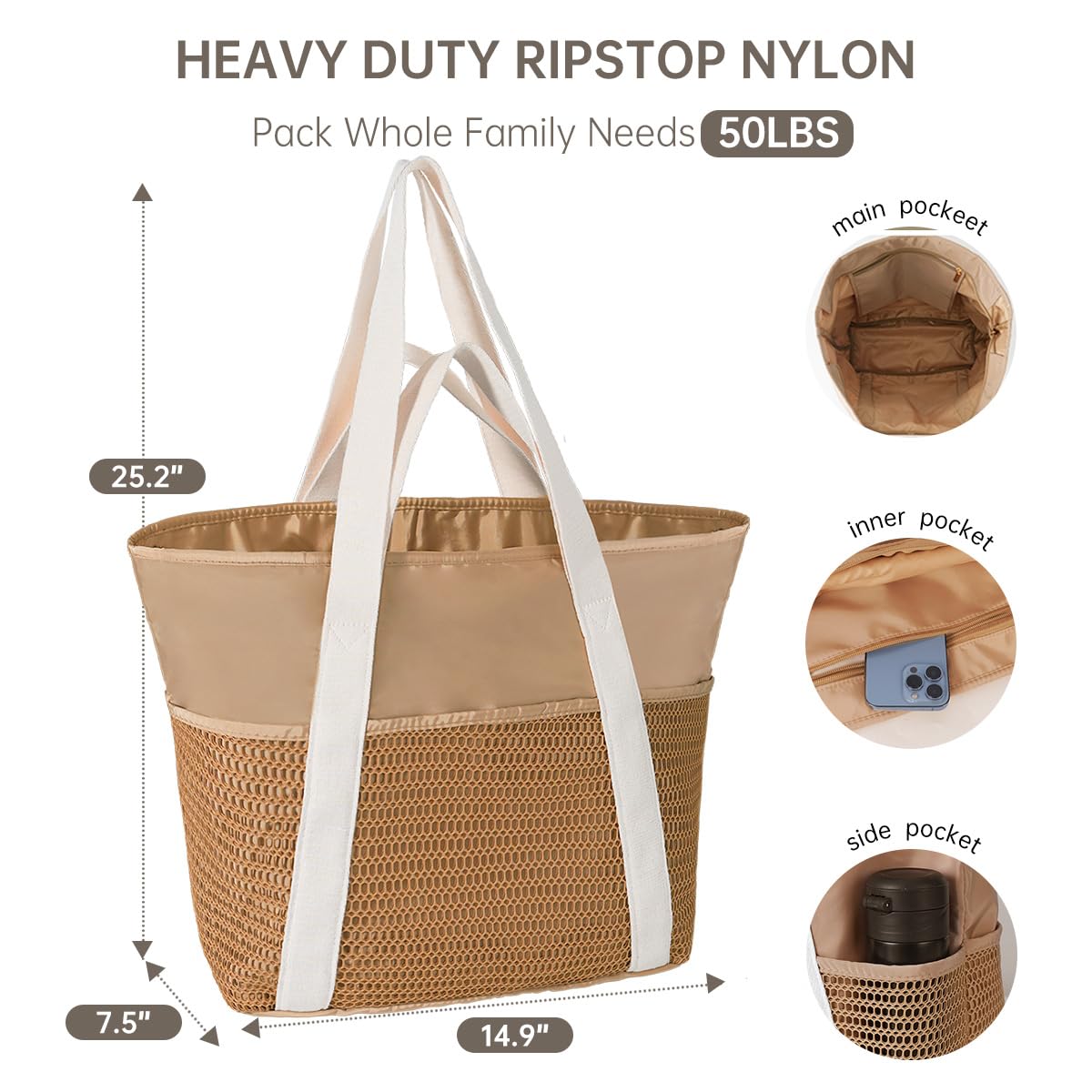 Waterproof Beach Tote Bag for Women - Sandproof Travel Essentials for Vacation & Outings