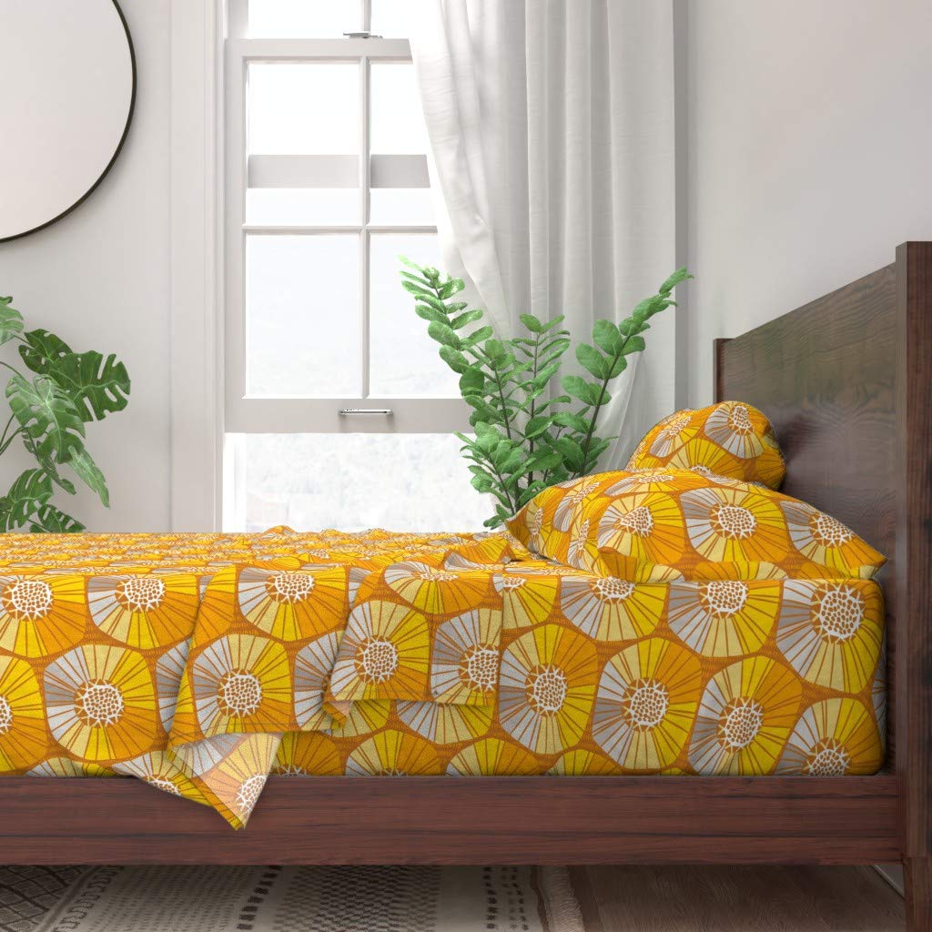 100% Cotton Twin Sheet Set - 3pc Sunflower Field & Retro Grey Abstract Print Custom Bedding | Soft Breathable Bed Sheets for Home, Dorm & Guest Room
