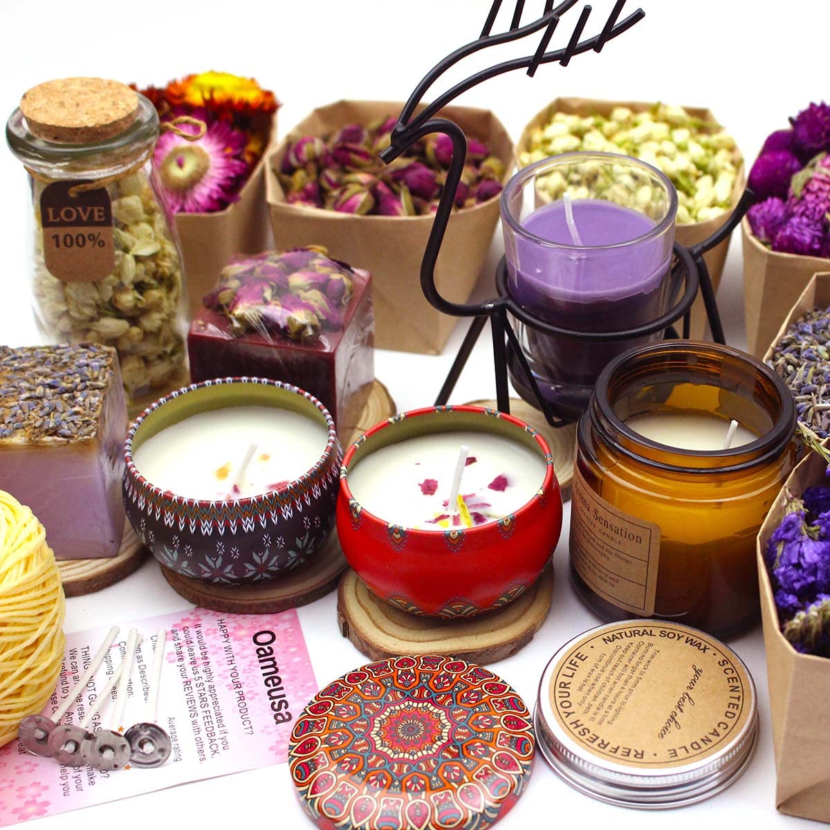 9-Piece Dried Flowers Set for Candle Making & Soap Making - DIY Craft Kit with Natural Lemon, Lavender, Rose Leaf, Pink Rose, Red Rose, Jasmine & Rose Petals | Perfect for Home Decor, Wedding Favors & Aromatherapy