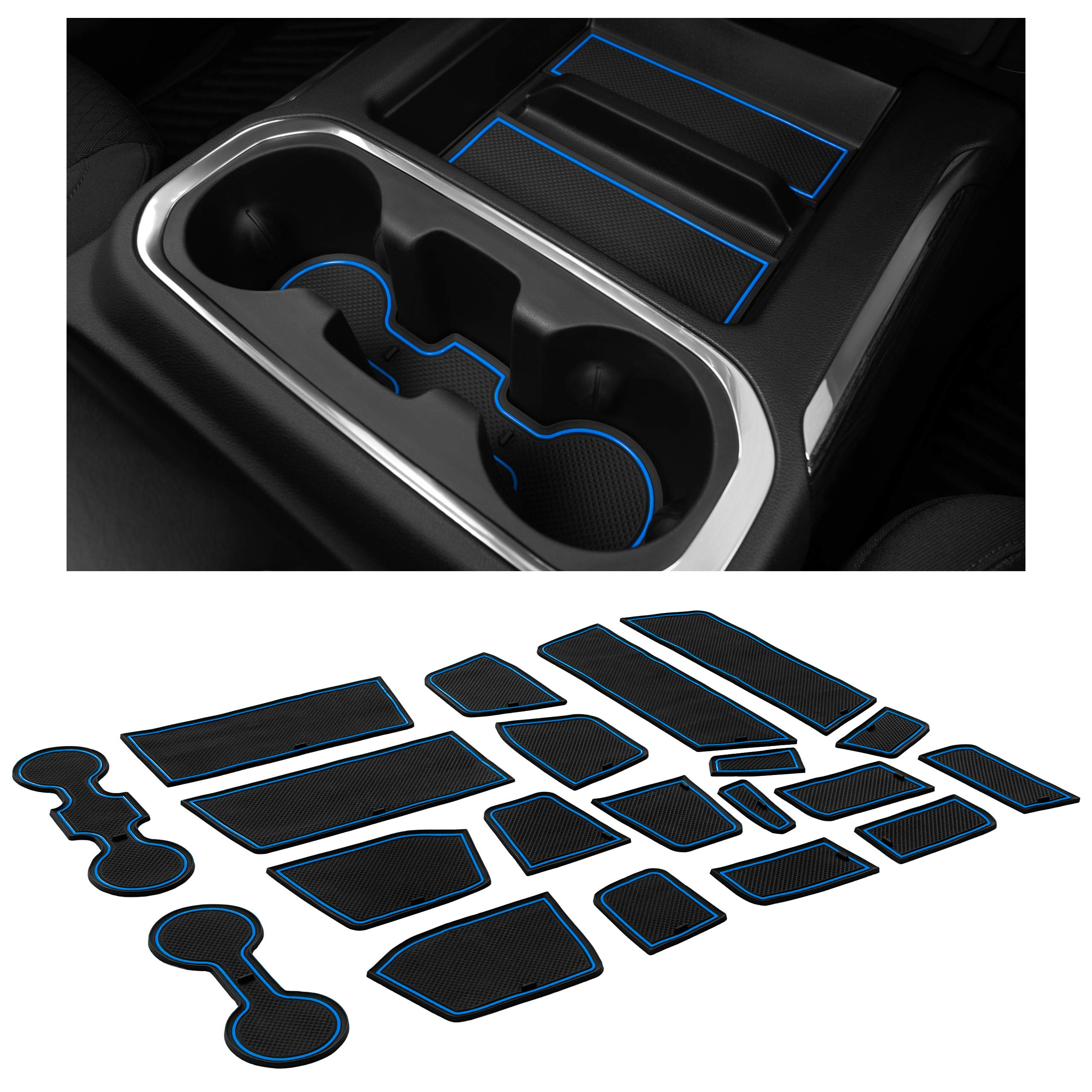 CupHolderHero for 2014-2022 Chevy Silverado 1500 & GMC Sierra - 24pc Interior Accessories Set | Cup Holder Inserts, Center Console Liner, Door Pocket Mats | Crew Cab with Bucket Seats | Blue Trim | Perfect for Road Trips & Daily Commutes