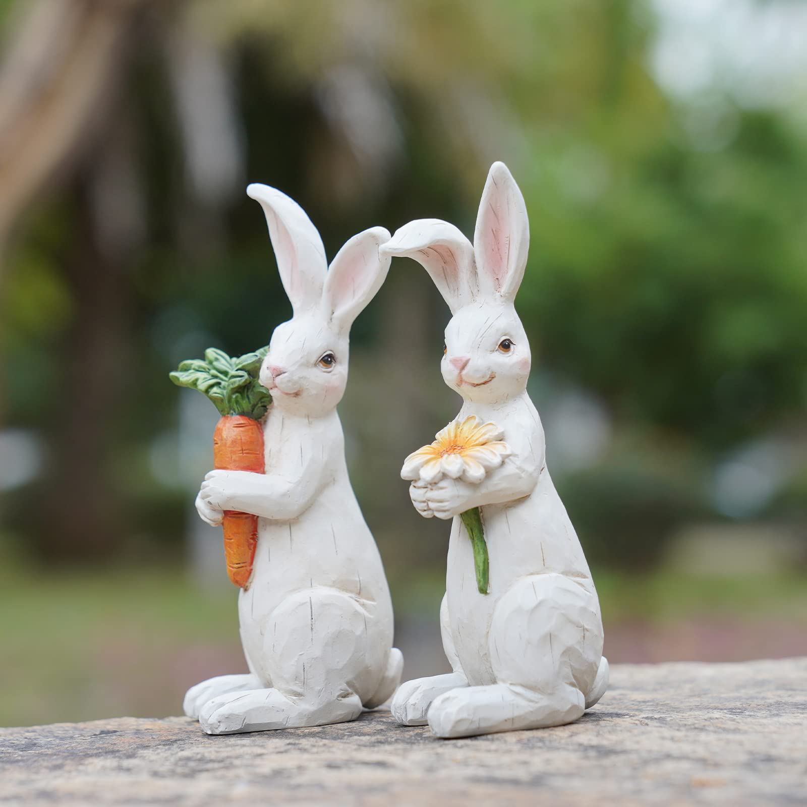 Easter Bunny Decorations - 2PC Resin Rabbit Figurines with Carrot & Flower, Spring Table Centerpiece for Home, Farmhouse (4.5 Inch) - Perfect for Easter Table Decor, Spring Home Decor, and Farmhouse Style Interior Design
