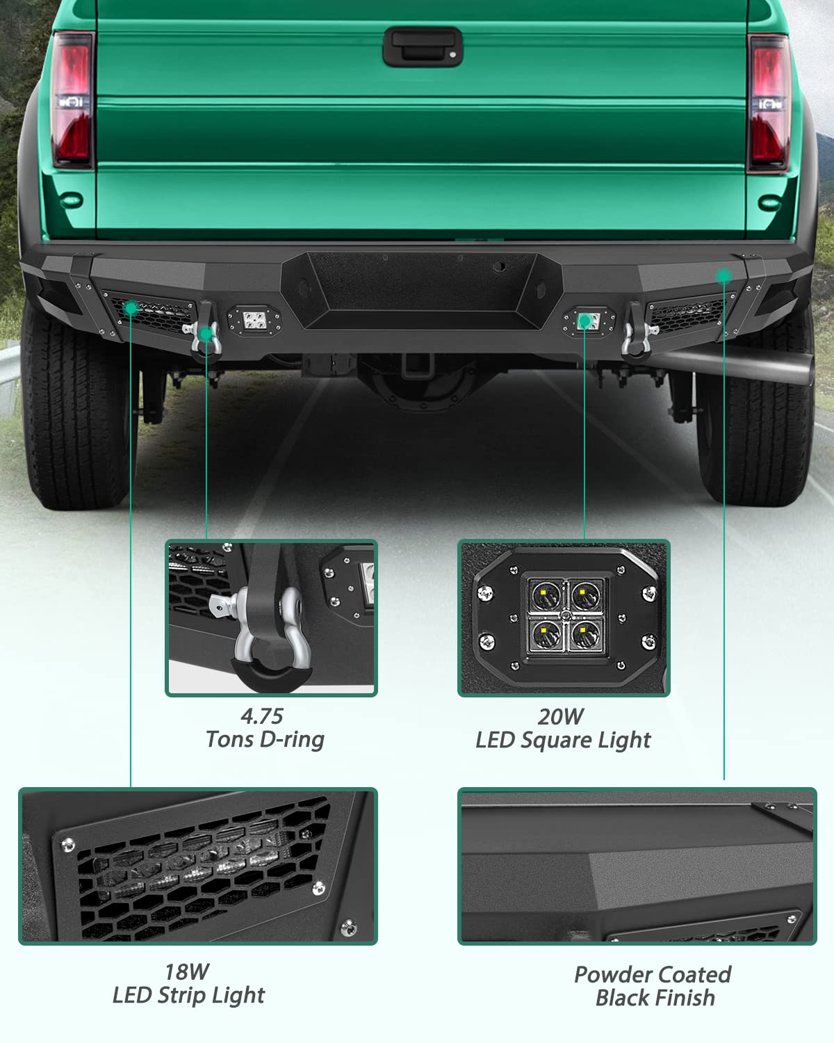 SCITOO Rear Bumper Replacement for 2009-2014 Ford F-150 with D-Ring & LED Lights - Textured Black - Heavy Duty Off-Road Truck Accessory for Towing & Adventure