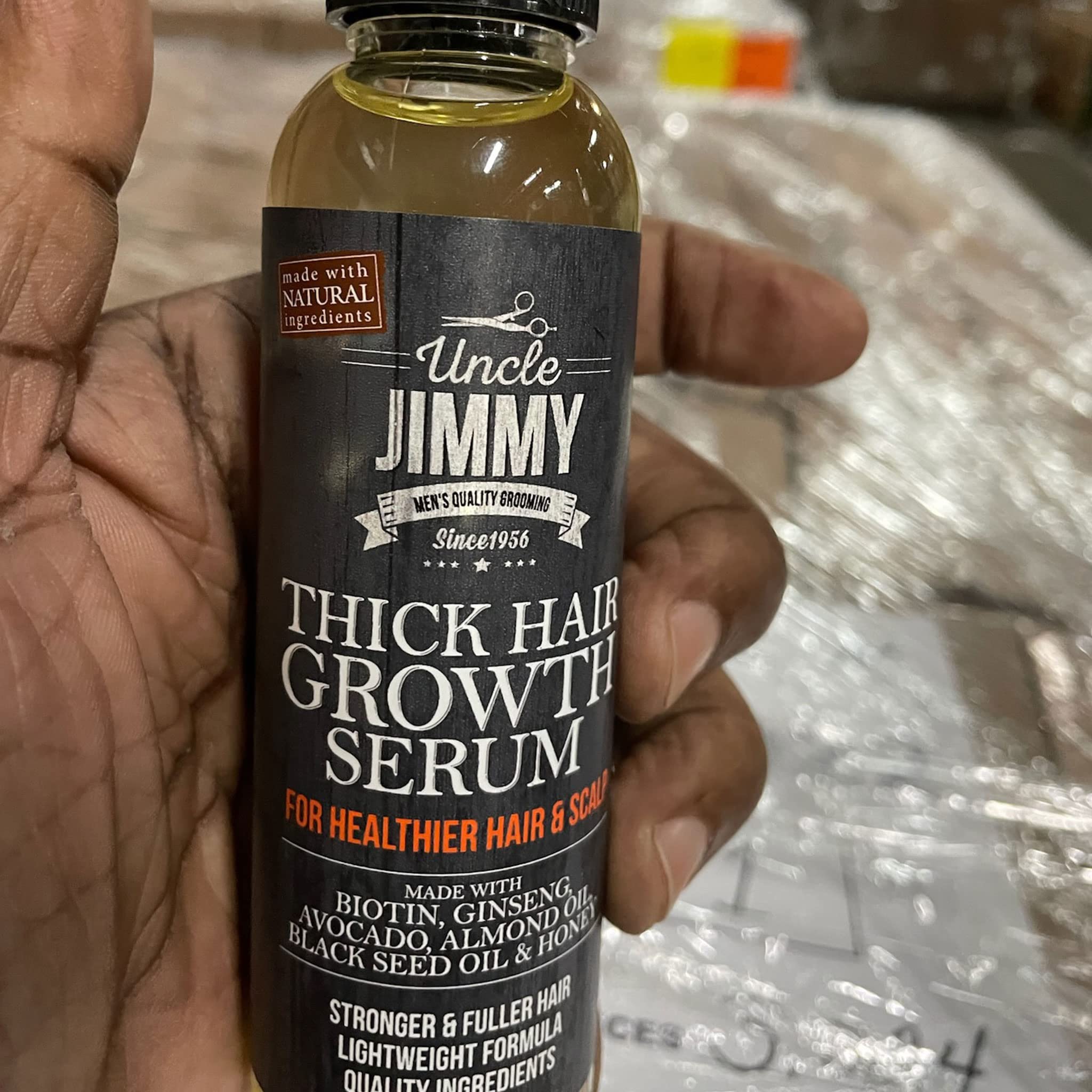 Uncle Jimmy Thick Hair Growth Serum - Natural Hair Loss Treatment for Men & Women | Promotes Thicker, Stronger Hair Growth | 4 Fl Oz Bottle | Perfect for Daily Scalp Care & Thinning Hair Solutions