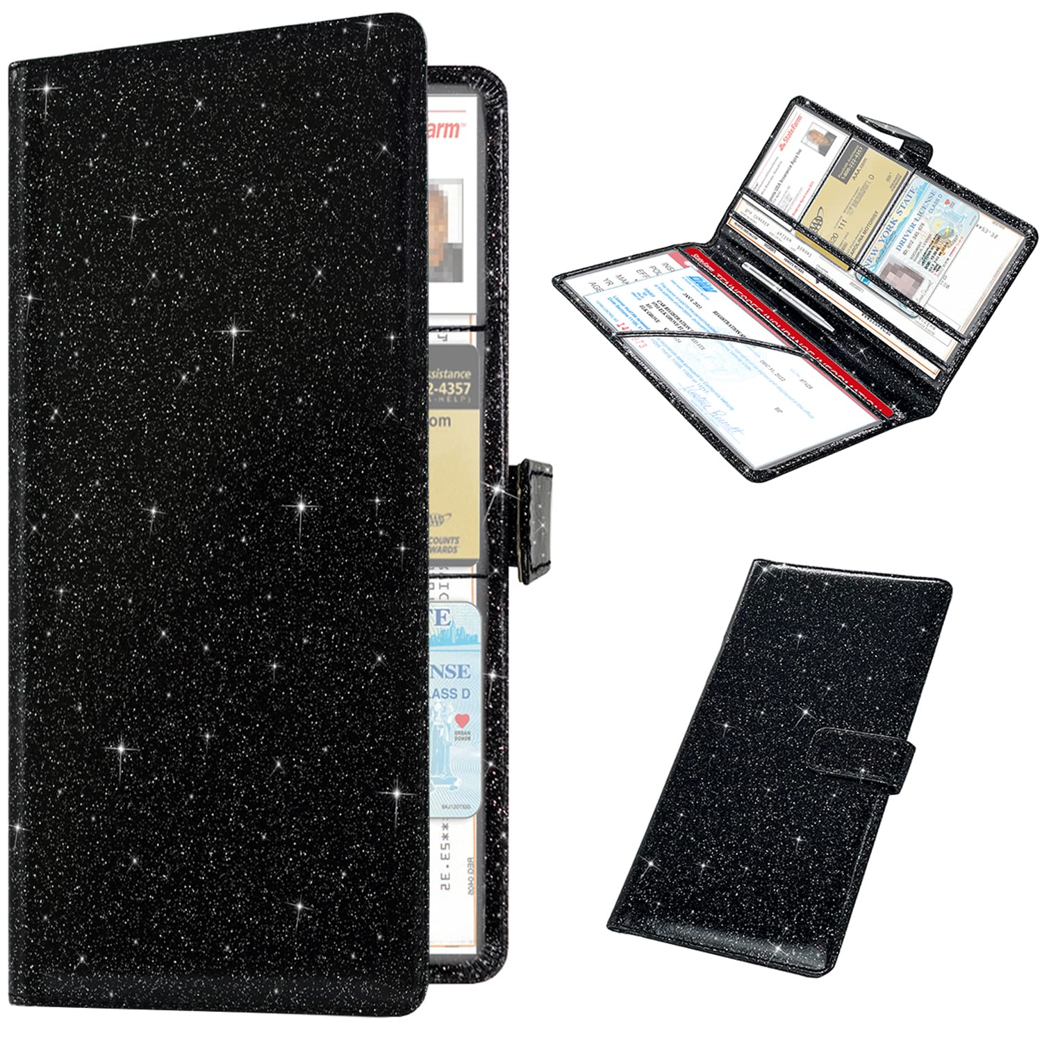 RSAquar Car Registration & Insurance Holder - Black Glitter Vehicle Glove Box Organizer for Cards, Driver License & Essential Documents | Perfect for Car Document Storage & Organization | Great for Road Trips, Daily Commute & Travel