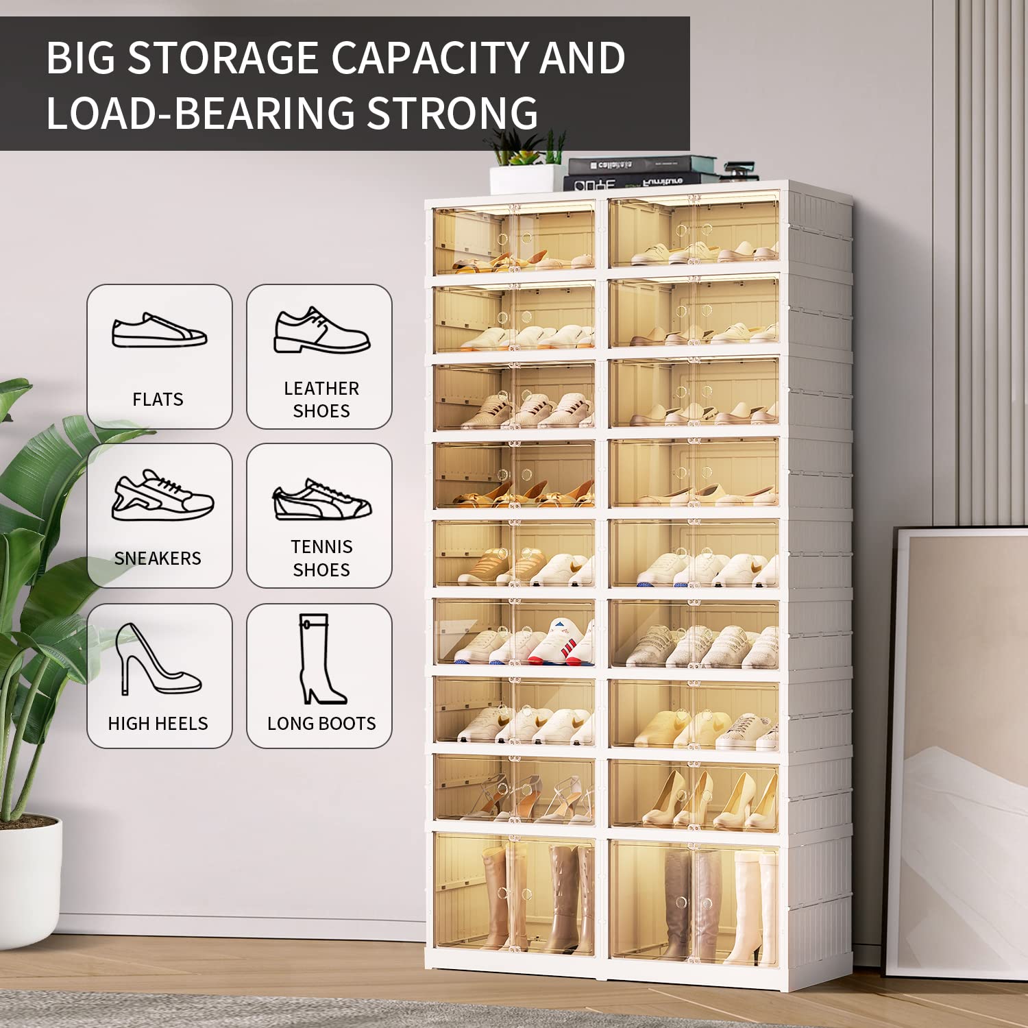 9-Tier Foldable Plastic Shoe Rack Organizer for Closet - 36 Pair Stackable Shoe Shelf with Door - Space Saving Storage Solution for Bedroom, Entryway & Dorm - Easy Assembly, Large Capacity