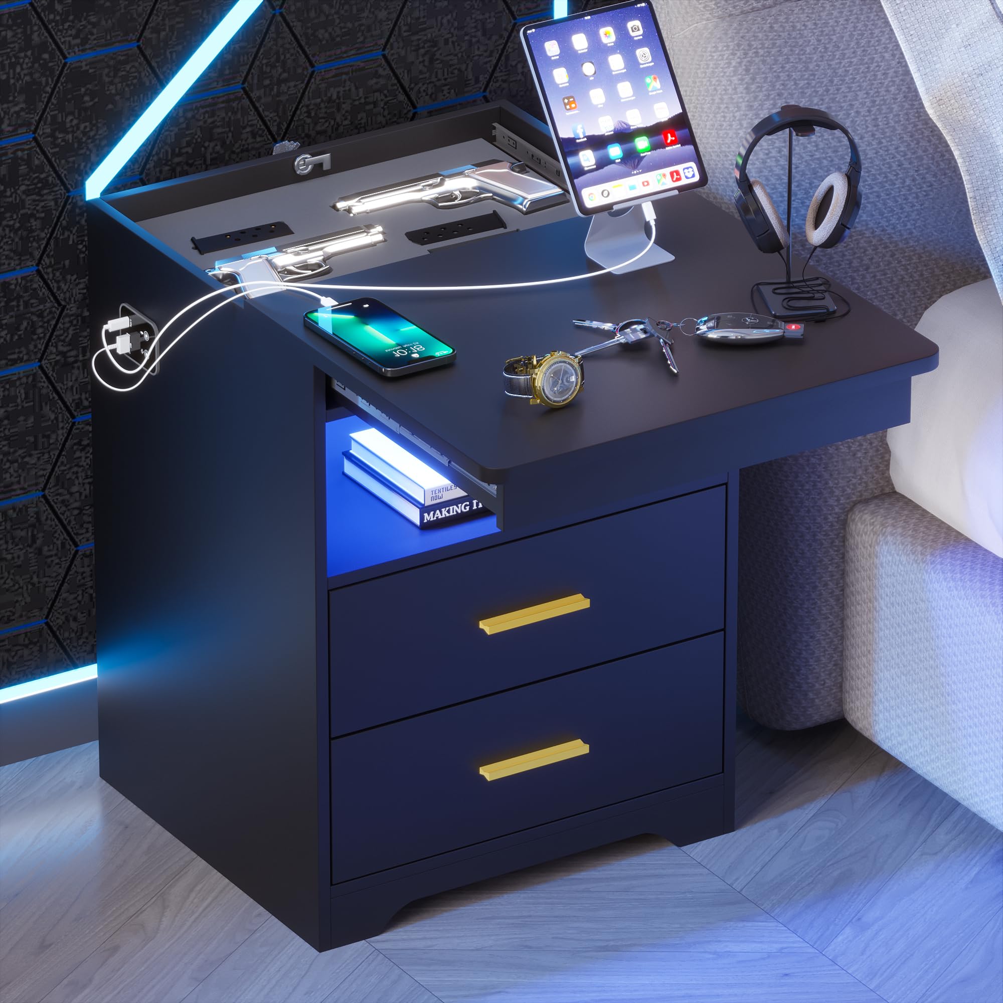 Gurexl LED Nightstand with Hidden Gun Drawer - Modern Bedside Table with USB Charging Station, Auto Sensor & 3-Color Dimmable Lights - Open Storage Compartment for Bedroom - Perfect for Home Security & Bedroom Organization