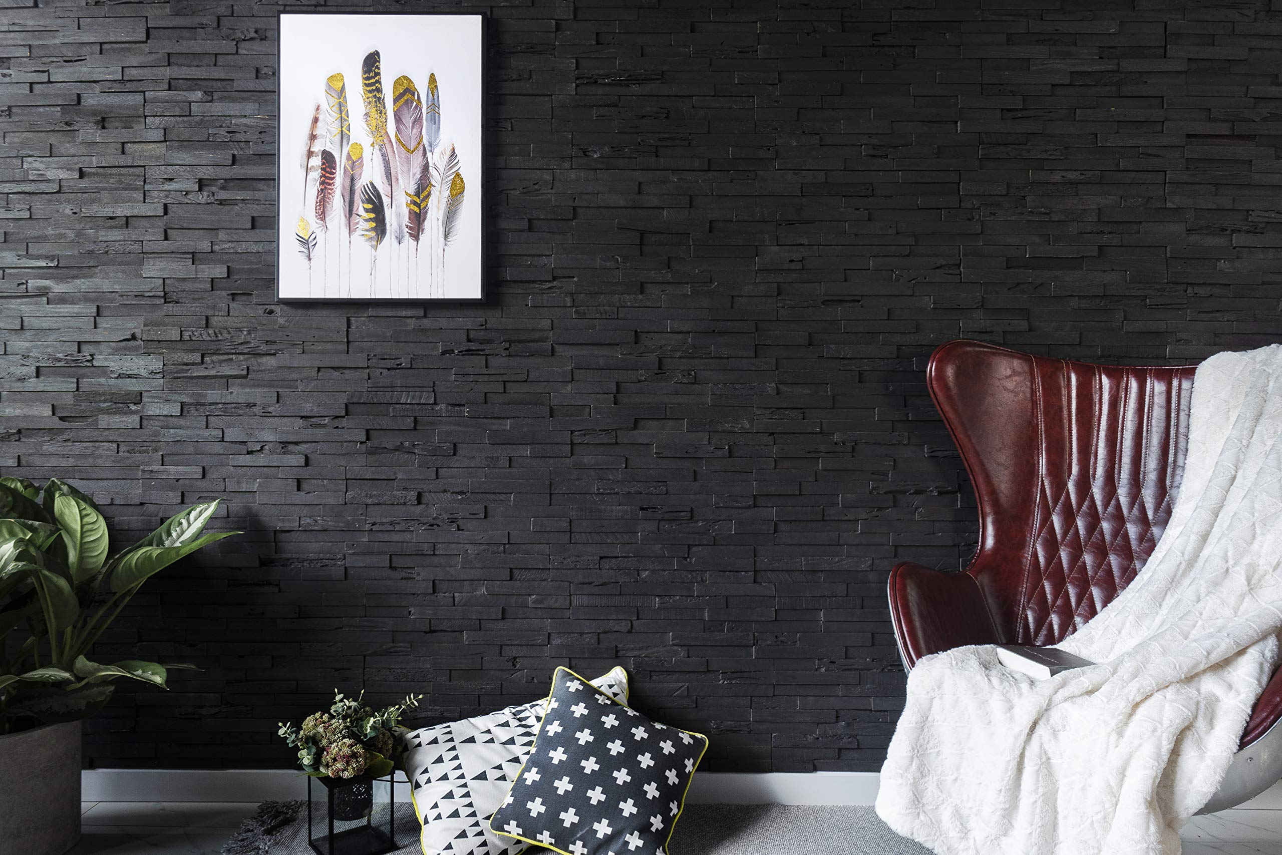 Premium 3D Reclaimed Barn Wood Wall Panels - Set of 10 (9.5 sq. ft.) DIY Installation with Glue & Nails - Dark Graphite Finish for Rustic Home Decor, Accent Walls & Commercial Spaces