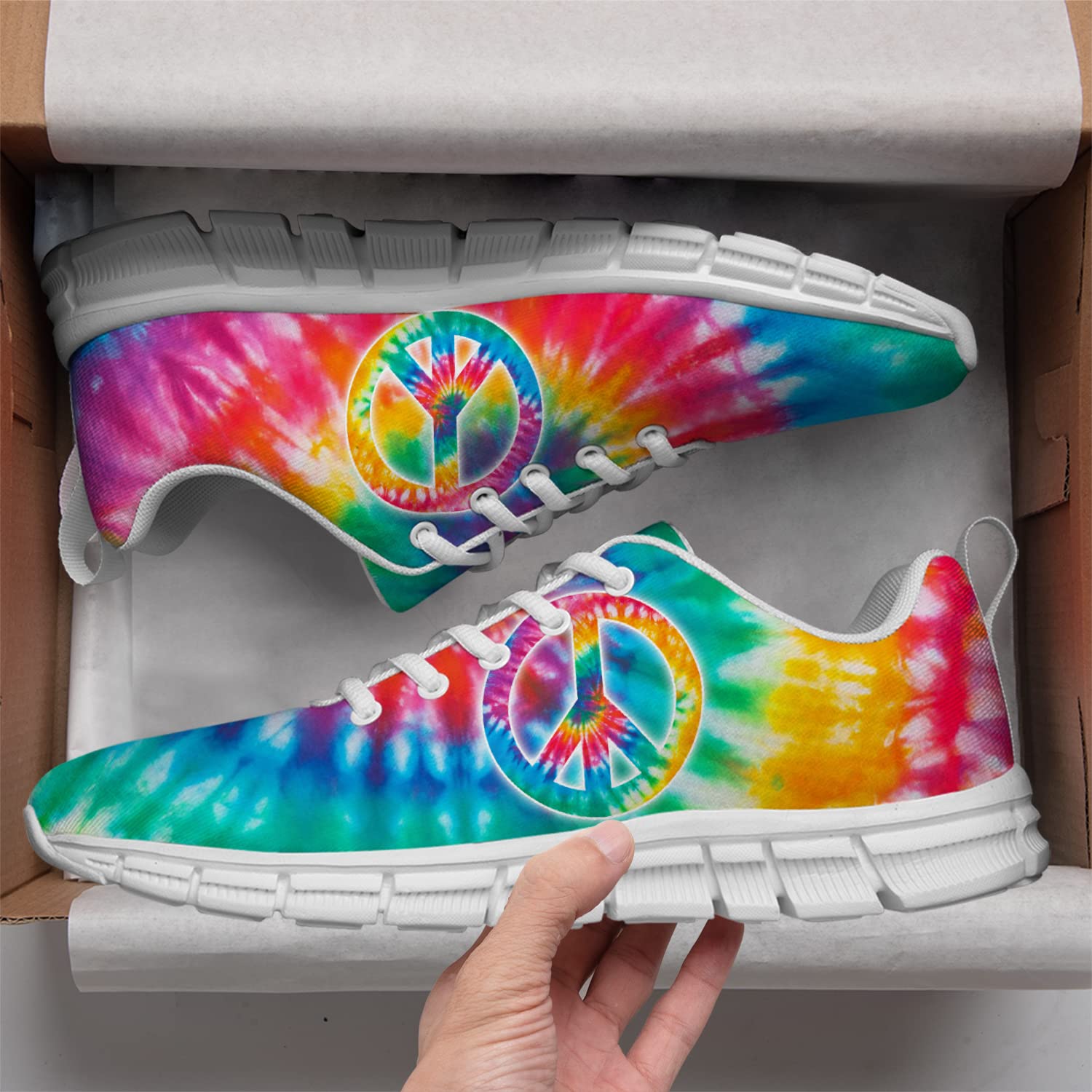 Women's Tie-Dye Peace Sign Tennis Shoes - 3D Printed Personalized Mesh Fashion Sneakers for Running & Casual Wear - Gifts for Women, Girls & Family - Available in Men's Size 3.5 & Women's Size 5.5 - Perfect for Gym, Workouts, Jogging & Everyday Street Style