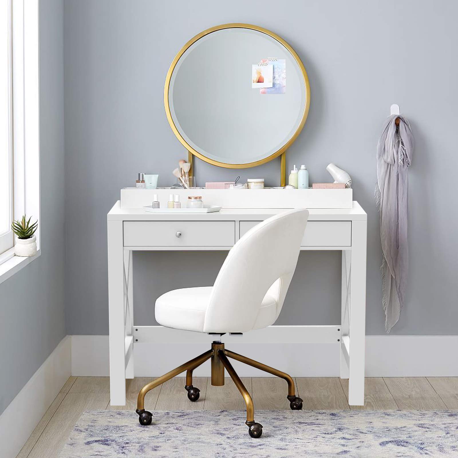Modern 40-Inch White Computer Desk with Drawers - Home Office Study Desk, Makeup Vanity & Console Table for Small Spaces | Perfect for Remote Work, Online Learning & Beauty Routine Organization
