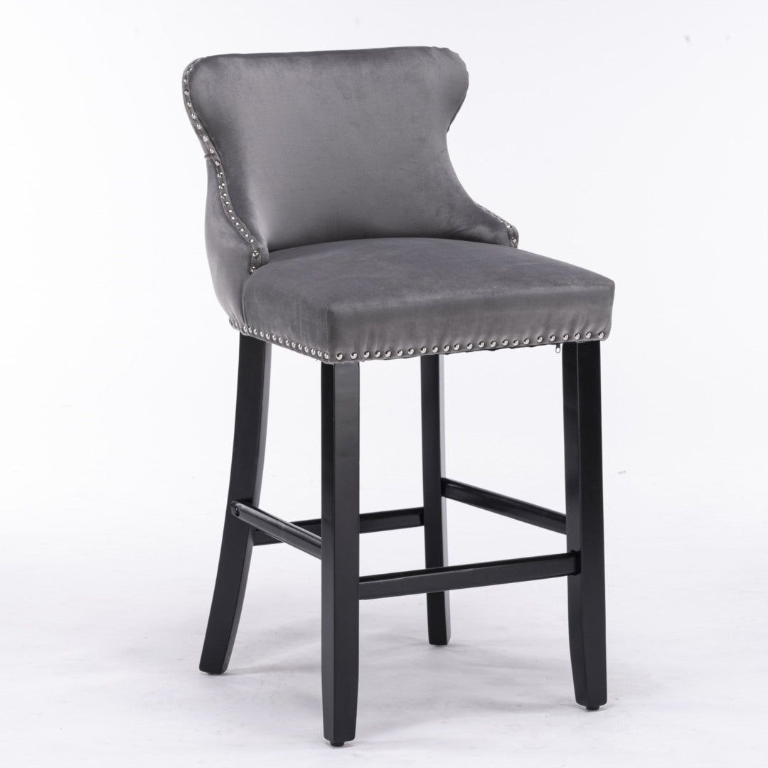 Velvet Upholstered Button Tufted Bar Stools with Wood Legs - Set of 4 Grey Barstools for Kitchen Island, Breakfast Nook & Home Bar Decor