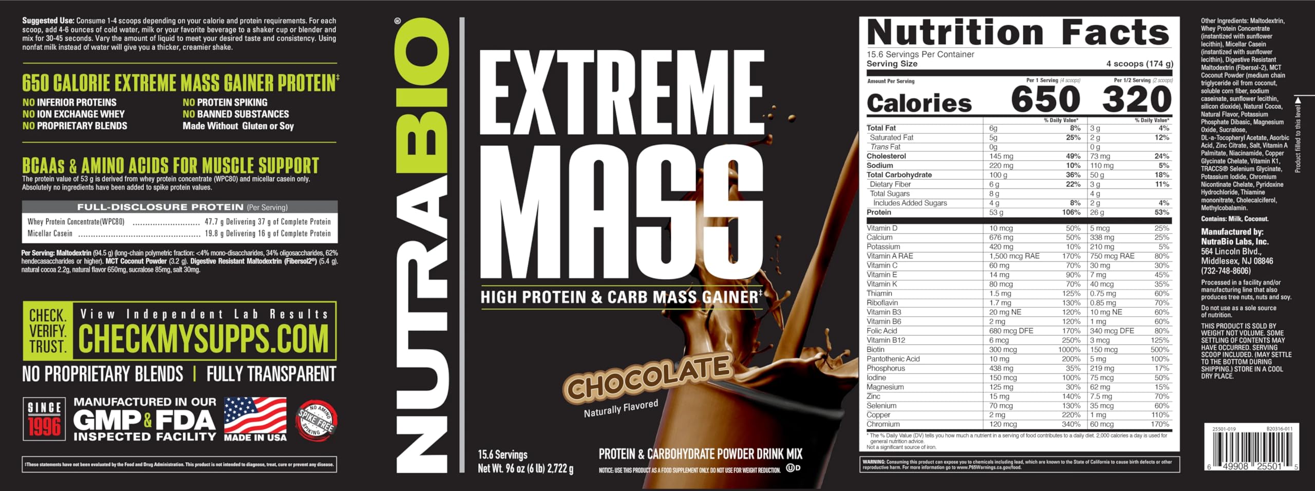 NutraBio Extreme Mass Gainer Protein Powder - 53G Protein per Serving, Clean Weight Gainer for Muscle Growth, Full Spectrum Amino Acids, Chocolate Flavor, 6 Pound - Perfect for Post-Workout Recovery & Bulking Season