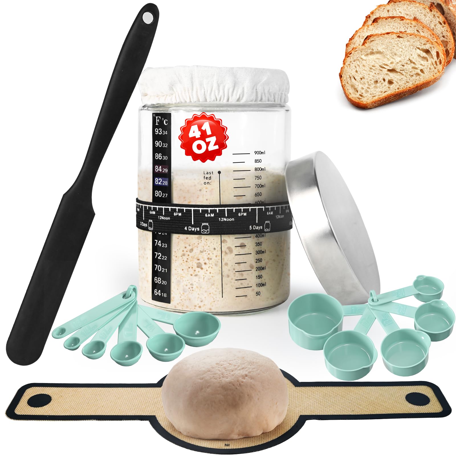 Organic Sourdough Starter Kit - 41oz Large Glass Jar with Feeding Tracker, Thermometer & Baking Tools for Homemade Bread | Perfect for Artisan Sourdough, Pizza Dough & Pastry Making at Home