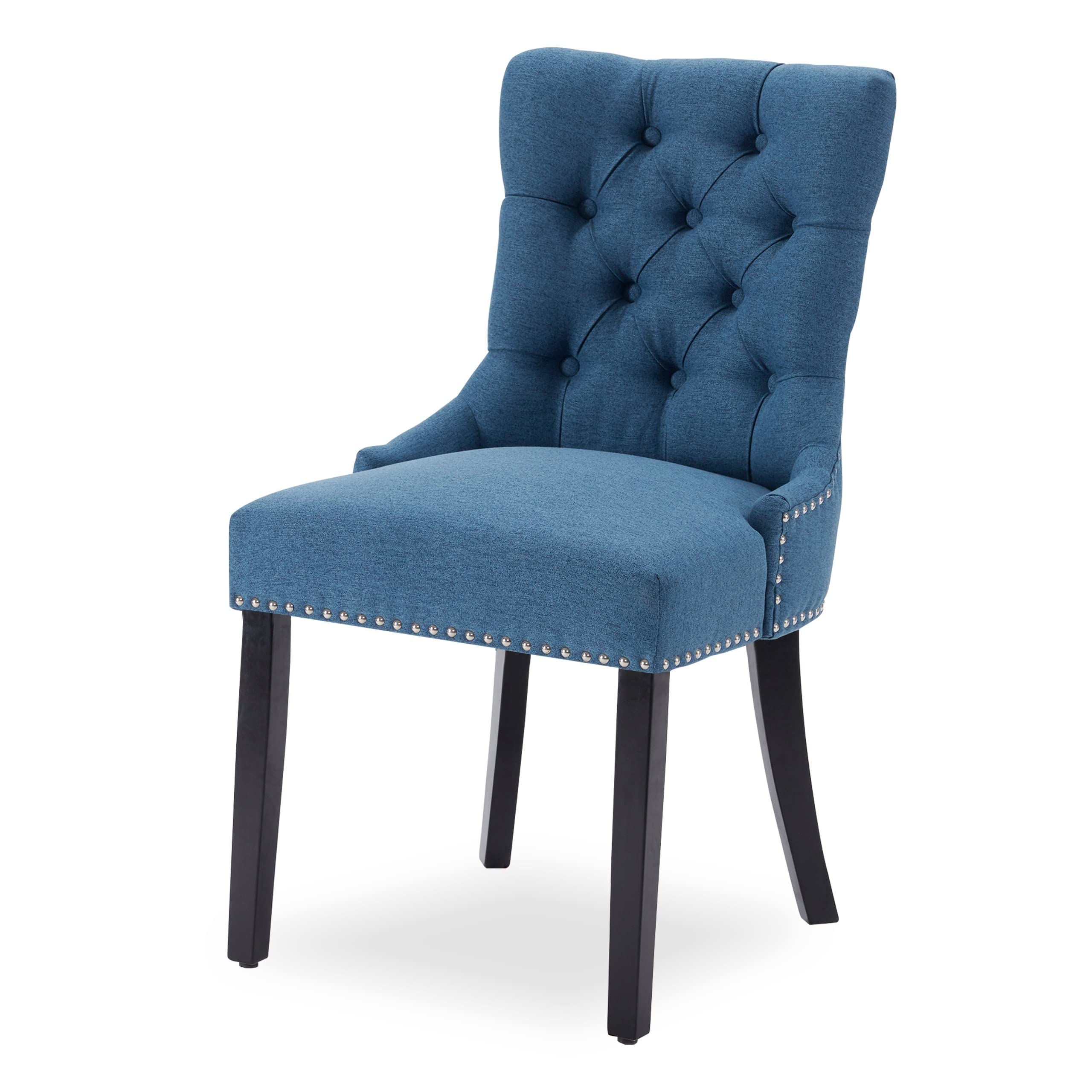 Kingfun Upholstered Tufted Dining Chair - Modern Accent Chair with Solid Wood Legs for Kitchen, Dining Room, Office Desk or Waiting Area - Blue Fabric Parson Chair with Nailhead Trim - Perfect for Home Decor, Restaurant Seating and Commercial Spaces