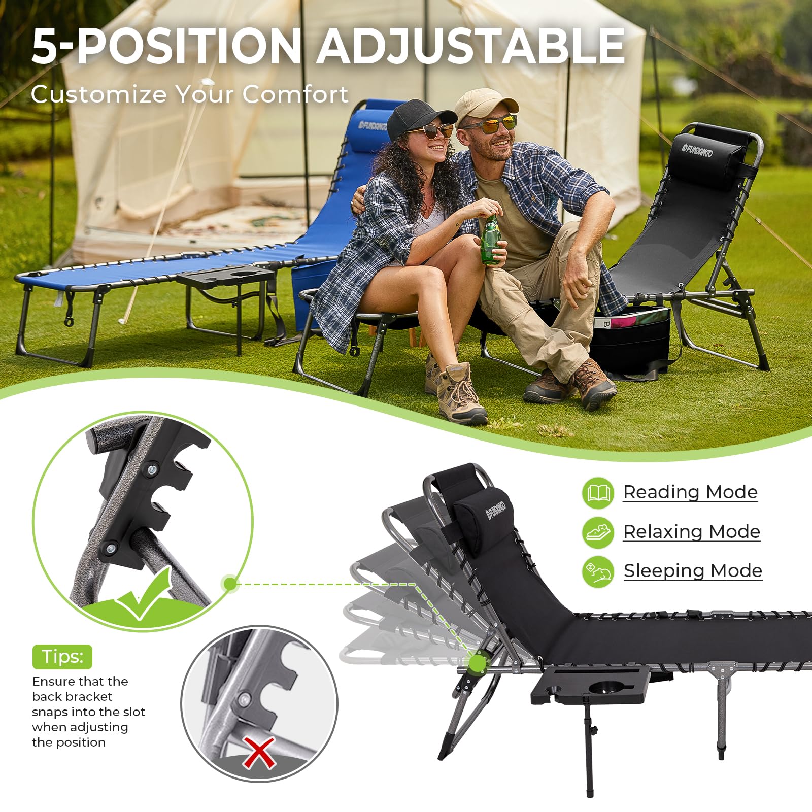 FUNDANGO Folding Chaise Lounge Chair with Soft Cushion & Side Table - 5-Position Adjustable Outdoor Recliner for Patio, Beach, Camping - Portable Sunbathing Chair with Pillow - Perfect for Backyard Relaxation, Poolside Lounging and Picnic Comfort