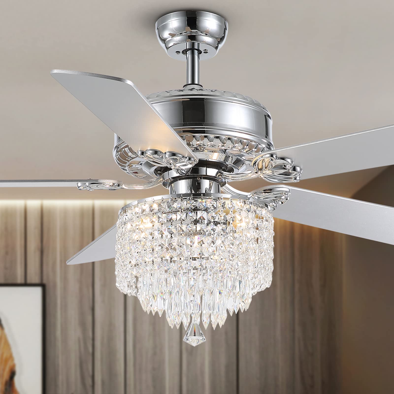 Moooni 52 Inch Modern Crystal Ceiling Fan with Lights and Remote Control - Elegant Chandelier Fan Light Kit (Fandelier) with 5 Wooden Blades - Perfect for Bedroom, Living Room, Dining Room - Silver Finish - Energy Efficient & Quiet Operation