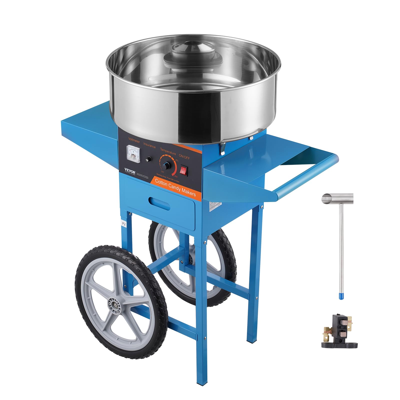 VEVOR 1000W Commercial Electric Cotton Candy Machine with Cart - Stainless Steel Bowl, Sugar Scoop & Drawer - Perfect for Home, Birthday Parties, Carnivals & Events (Blue) - Make Delicious Fluffy Candy Floss for Kids & Adults