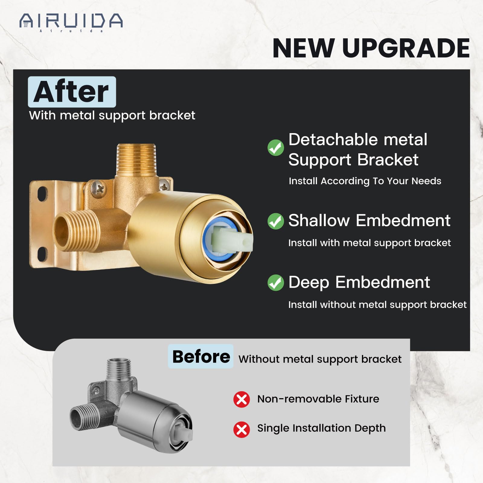 Airuida Brushed Gold Ceiling Mount Rainfall Shower System - 10 Inch Square Shower Head with Single Function Trim Kit, Male Threads & Rough-in Valve | Perfect for Modern Bathroom Renovations & Spa-Like Shower Experience