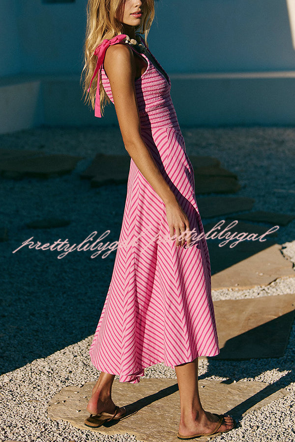 Elegant Striped Print V-Neck Lace-Up Backless Midi Dress for Women | Summer Beach Holiday Party & Date Night Outfit