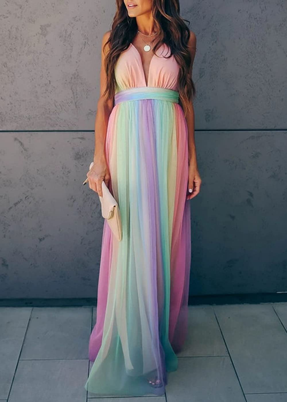 Women's Summer Beach Dress - Rainbow Spaghetti Straps V-Neck Flared Boho Maxi Dress for Vacation, Pool Party & Tropical Getaway