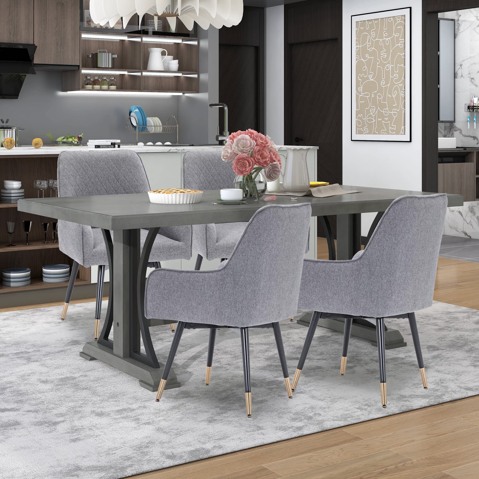 2 Pack Swivel Dining Chairs - Gray Upholstered Accent Chairs with Non-Slip Rubber Caps & Arms for Living Room, Kitchen, Dining Room & Office - Modern Home Furniture Set