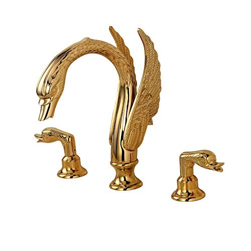 Rozin Swan Shape Widespread Bathroom Sink Faucet - 3 Hole 2-Handle Gold Vanity Faucet for Bathroom Sink - Perfect for Modern & Luxury Bathroom Decor