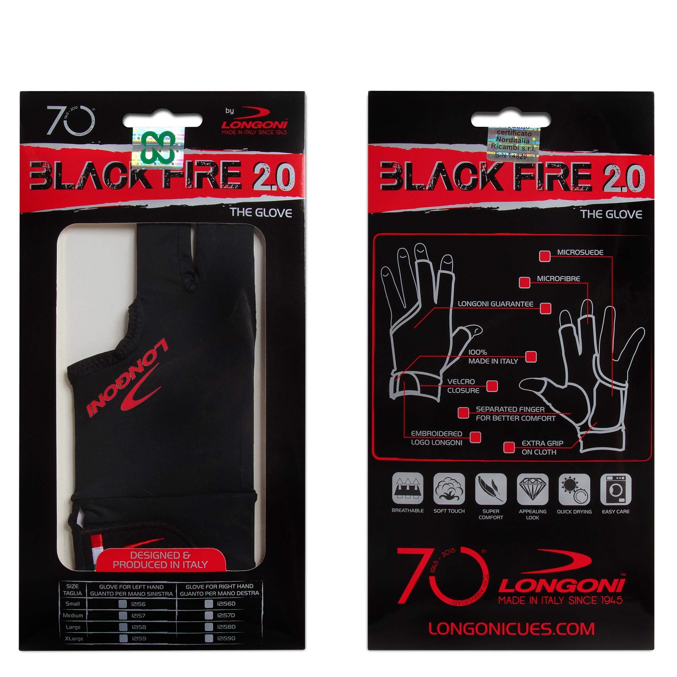 Longoni Black Fire 2.0 Billiard Pool Cue Glove - Left & Right Hand Comfort Fit - Black - Perfect for Snooker & 8-Ball Tournaments