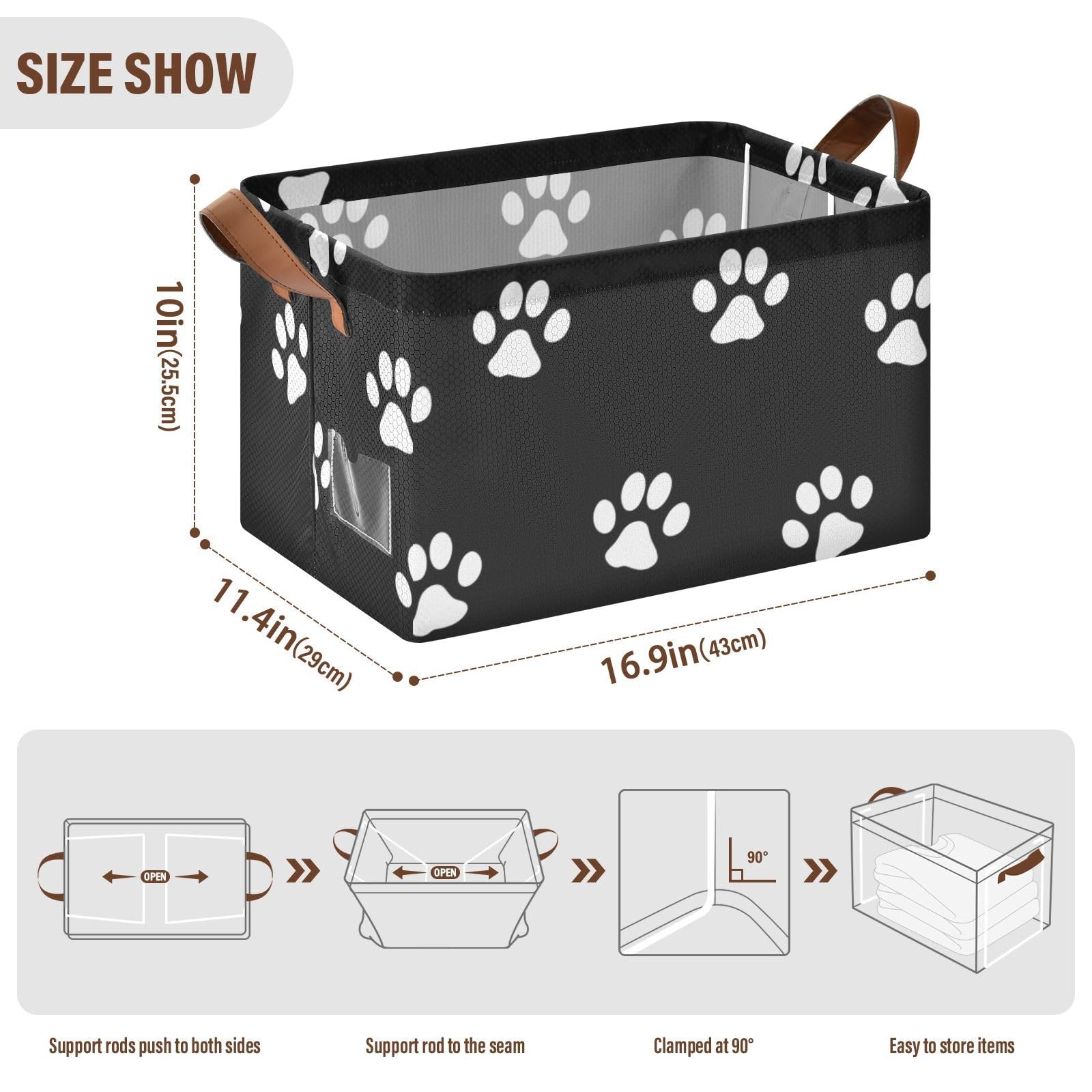 Emelivor Black Foldable Storage Bins with Dog Paw Prints - Rectangular Organizing Baskets for Shelves, Nursery & Closet - Decorative Home Storage Box with Handles | Perfect for Pet Supplies, Baby Items & Wardrobe Organization