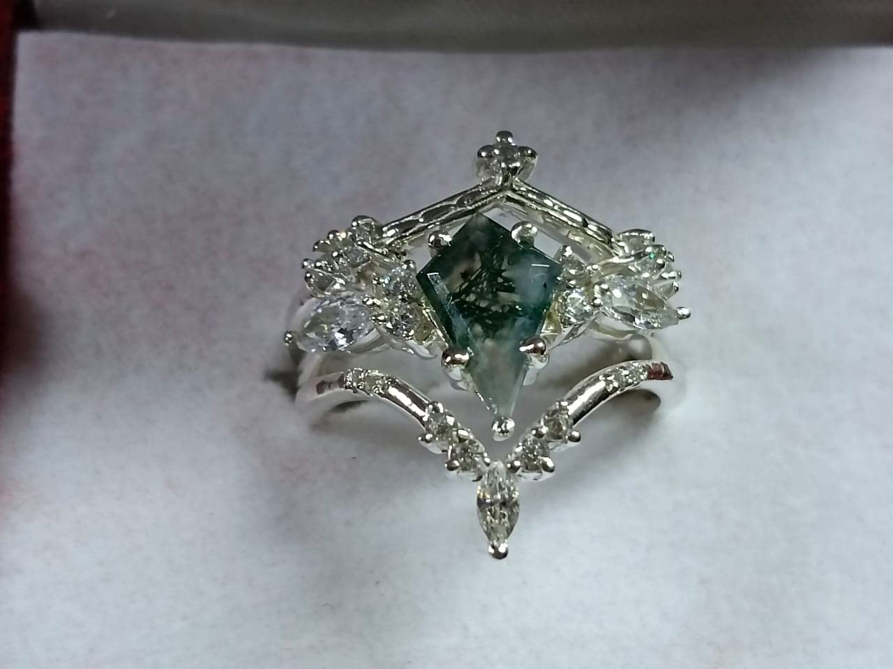 925 Sterling Silver Rose Gold Moss Agate Engagement Ring Set for Women - 3 Piece Bridal Ring Set, Art Deco Anniversary Jewelry - Perfect for Weddings, Proposals & Special Occasions