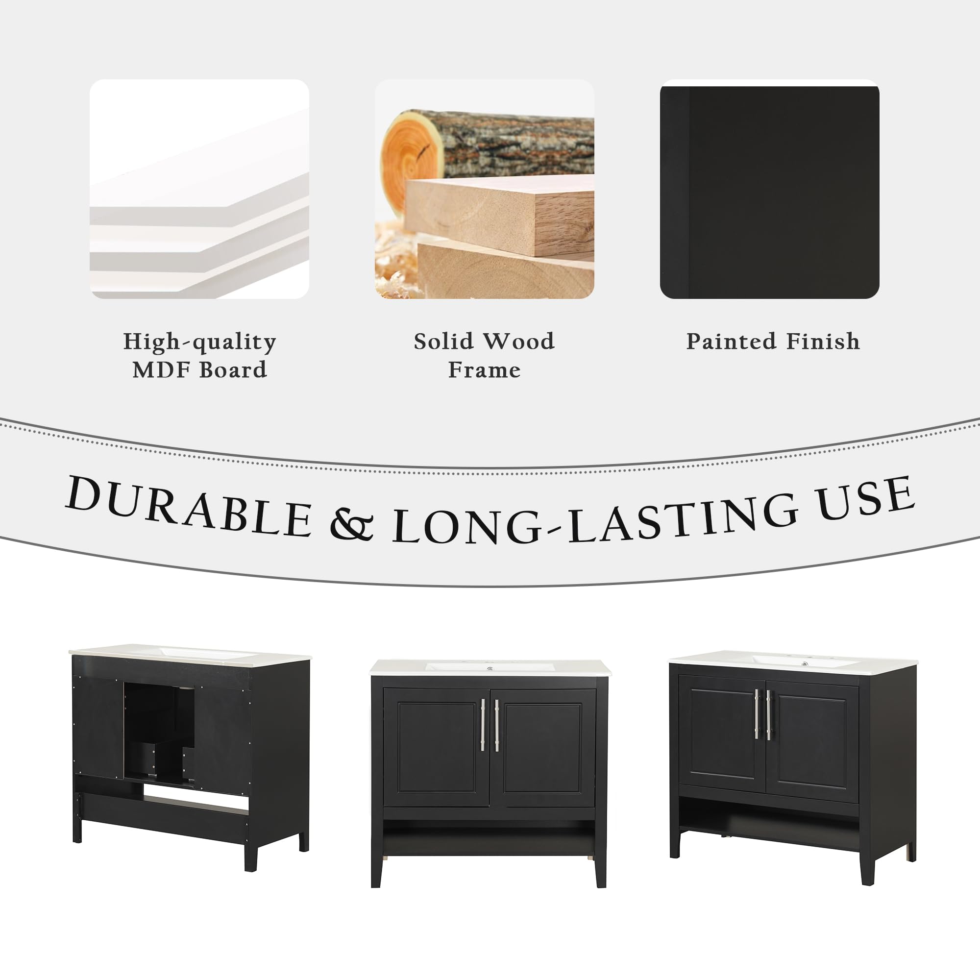 36 Inch Modern Bathroom Vanity with Ceramic Sink - Solid Wood Freestanding Vanity with 2 Pull-Out Drawers, Storage Racks & Open Shelf - Perfect for Small Bathrooms, Powder Rooms & Master Bath Suites