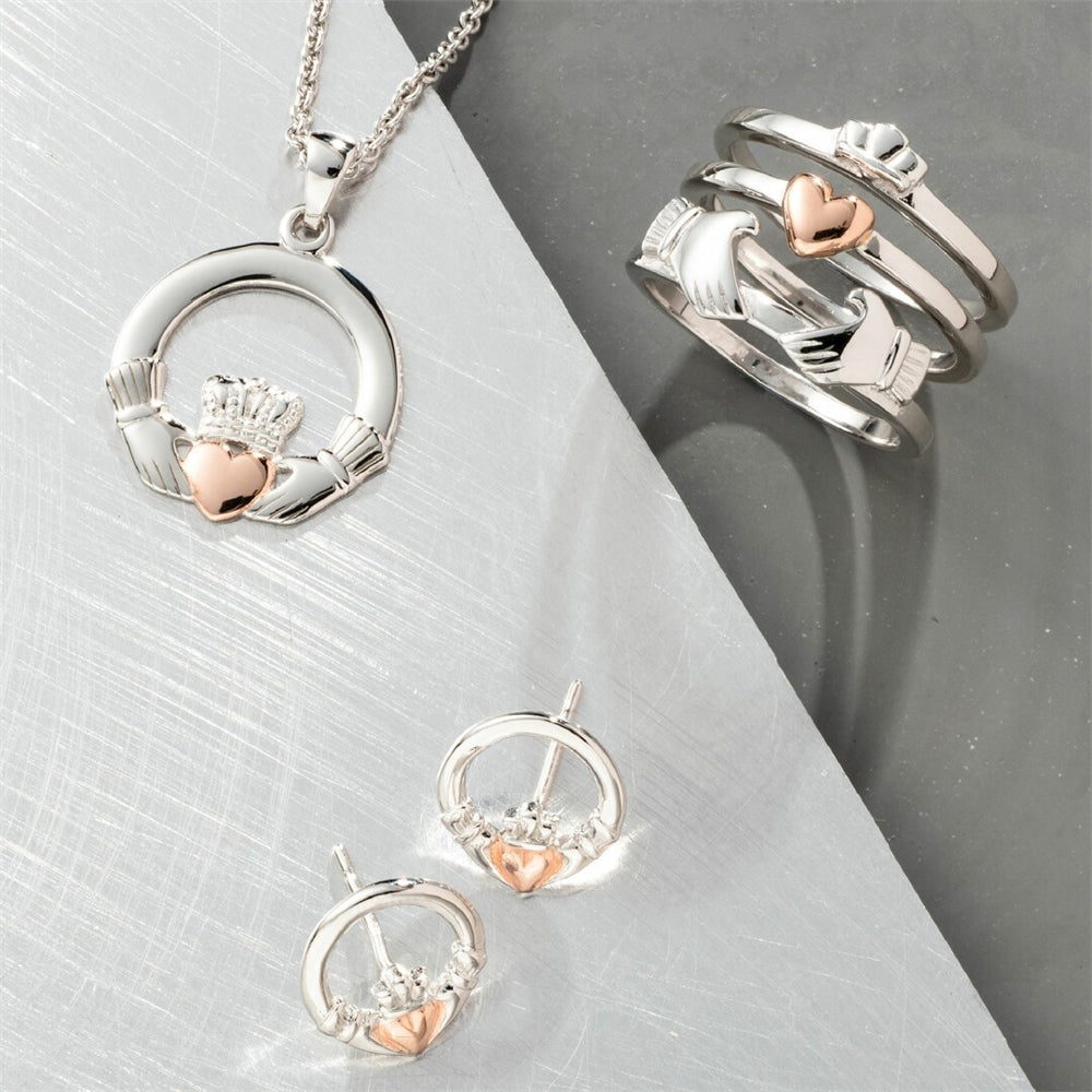 Authentic Galway Crystal Claddagh Earrings - Sterling Silver & Rose Gold Irish Jewelry for Women | Perfect for St. Patrick's Day, Weddings & Gifts