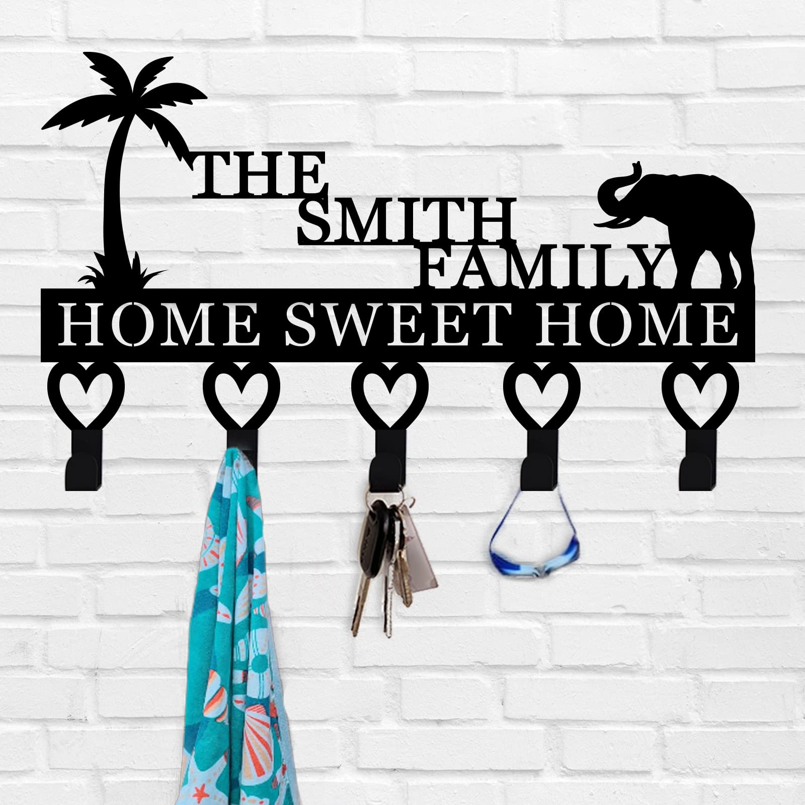Personalized Elephant Wall Key Holder with Family Name - Decorative Key Rack for Home Entryway, Mounted Key Hooks for Keys, Dog Leash & Towels - Perfect for Living Room, Bedroom or Office Organization