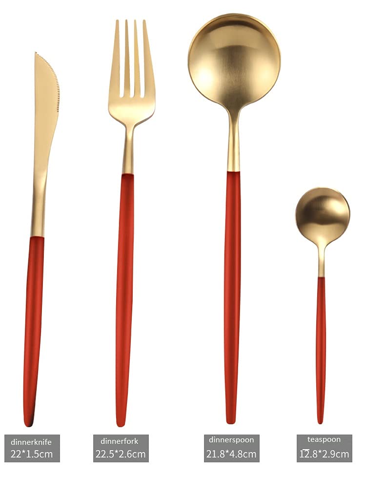 16-Piece Gold Plated Stainless Steel Silverware Set - 18/10 Dinner Knife & Fork Cutlery Set for Travel, Camping & Picnics - Elegant Red Tableware by ZZYY - Perfect for Outdoor Dining, Parties & Gifts