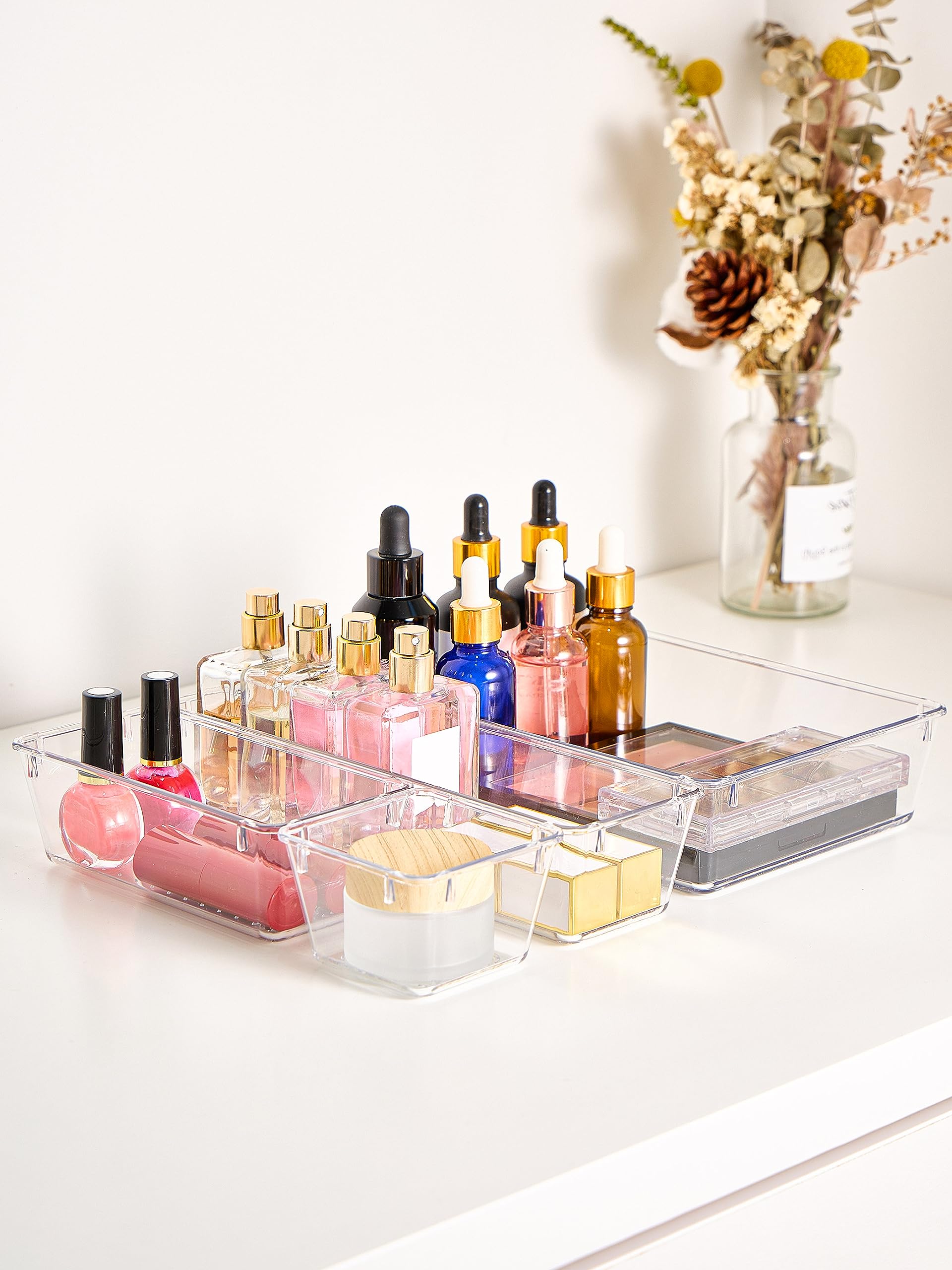 Smartor 9-Piece Clear Plastic Drawer Organizer Set - Non-Slip Storage Bins for Makeup, Office, Kitchen & Bathroom | Space-Saving Desk Drawer Trays for Home & Office Organization (Perfect for Cosmetics, Utensils & Stationery Storage)