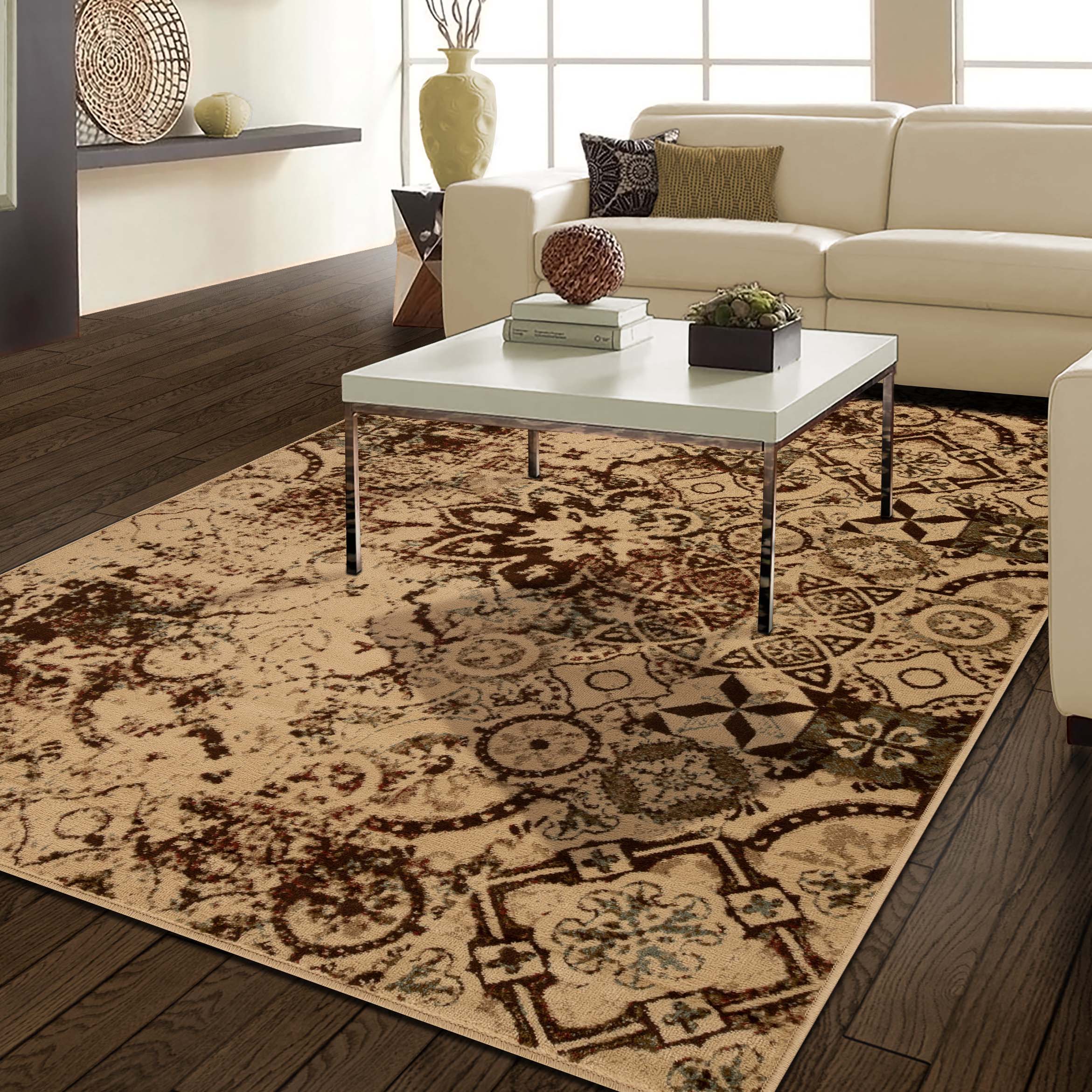 Stylish Rangoli Geometric Medallion Indoor Area Rug - Non-Slip Bohemian Decor for Living Room, Bedroom & Office