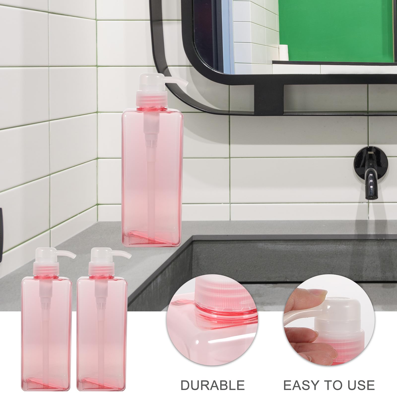 DOITOOL 2PCS 650ML Refillable Pump Dispenser Bottles - Square Lotion Bottle for Shampoo, Body Wash & Hand Soap - Large Capacity Portable Dispenser for Home, Hotel & Travel (Pink) - Perfect for Bathroom, Kitchen & Guest Essentials