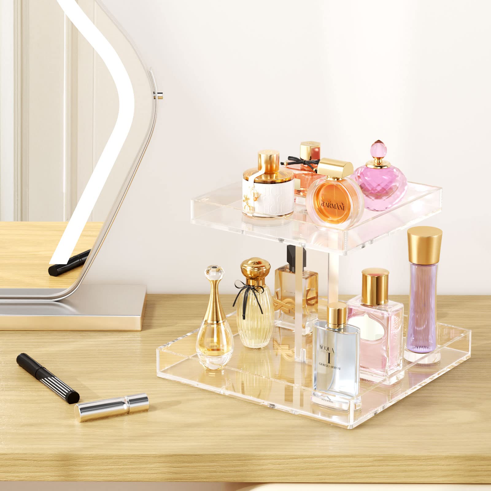 NIUBEE 2-Tier Clear Acrylic Bathroom Organizer | Makeup & Perfume Storage Tray for Vanity, Dresser & Countertop | Space-Saving Cosmetic Display for Bedroom & Bathroom Decor
