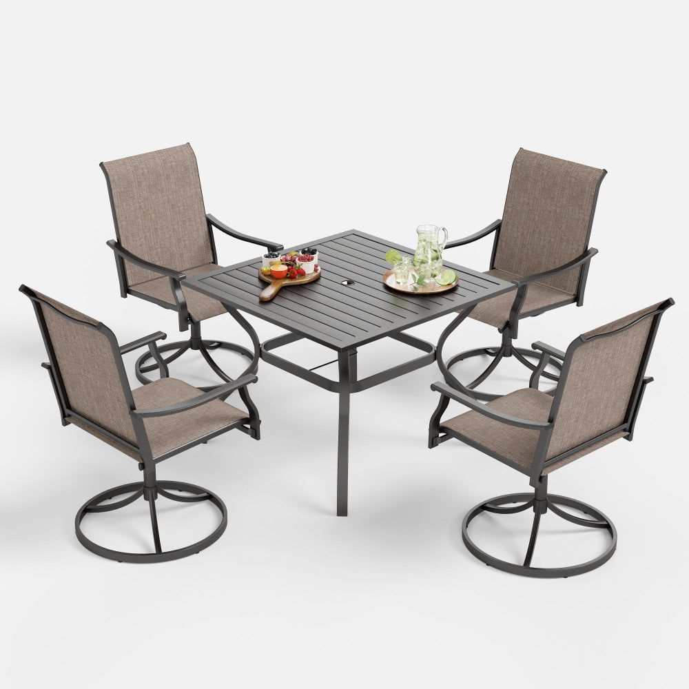 Phi Villa 5-Piece Outdoor Dining Set - Steel Square Table & Ergonomic Sling Swivel Chairs for Patio, Garden, Backyard | Perfect for Al Fresco Dining, BBQs, and Outdoor Entertaining