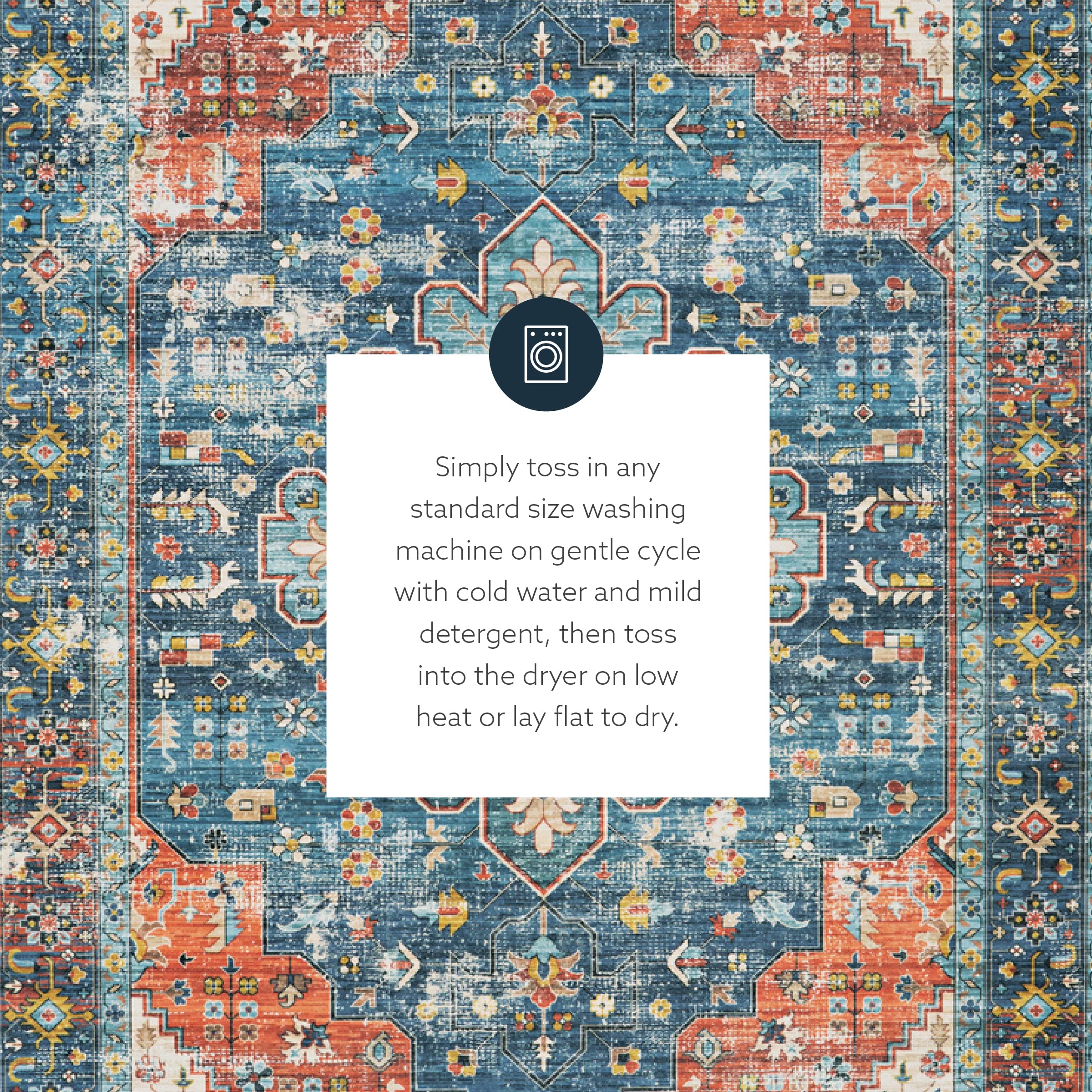 Linon Home Decor Washable Rug 5' x 7' Area Rug - Beasley Teal & Rust Pattern, Non-Slip Soft Indoor/Outdoor Carpet for Living Room, Bedroom, Patio