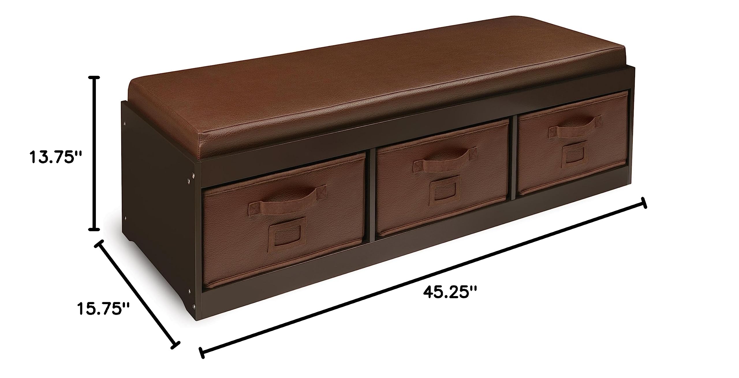 Badger Basket Kids Toy Storage Bench with Cushion & 3 Fabric Bins - Espresso Brown - Organize Playroom, Nursery or Bedroom Toys - Perfect for Home, Daycare & Preschool