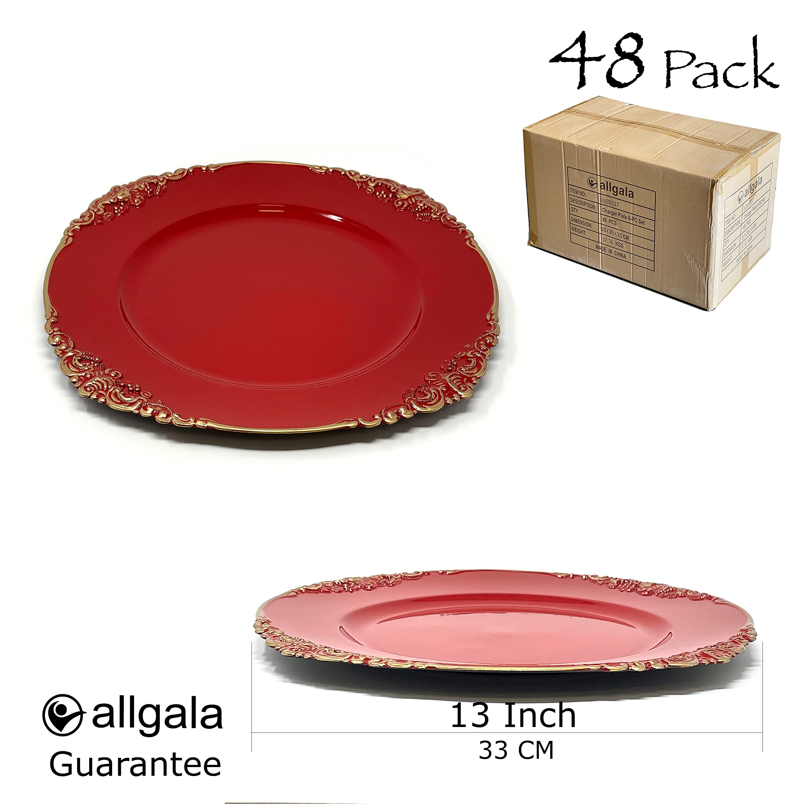 Allgala 13-Inch 6-Pack Round Charger Plates - Floral Red Decorative Dinner Plates for Weddings, Parties & Formal Dining (Set of 48)