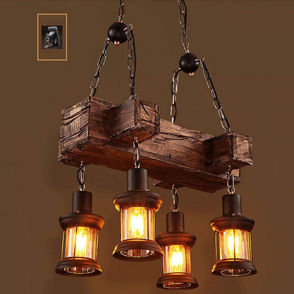 Vintage Industrial Wooden Hanging Pendant Light - Retro Loft Style 4-Light Chandelier for Coffee Shop & Restaurant - Perfect for Cafe, Bistro, Bar and Home Dining Room Lighting