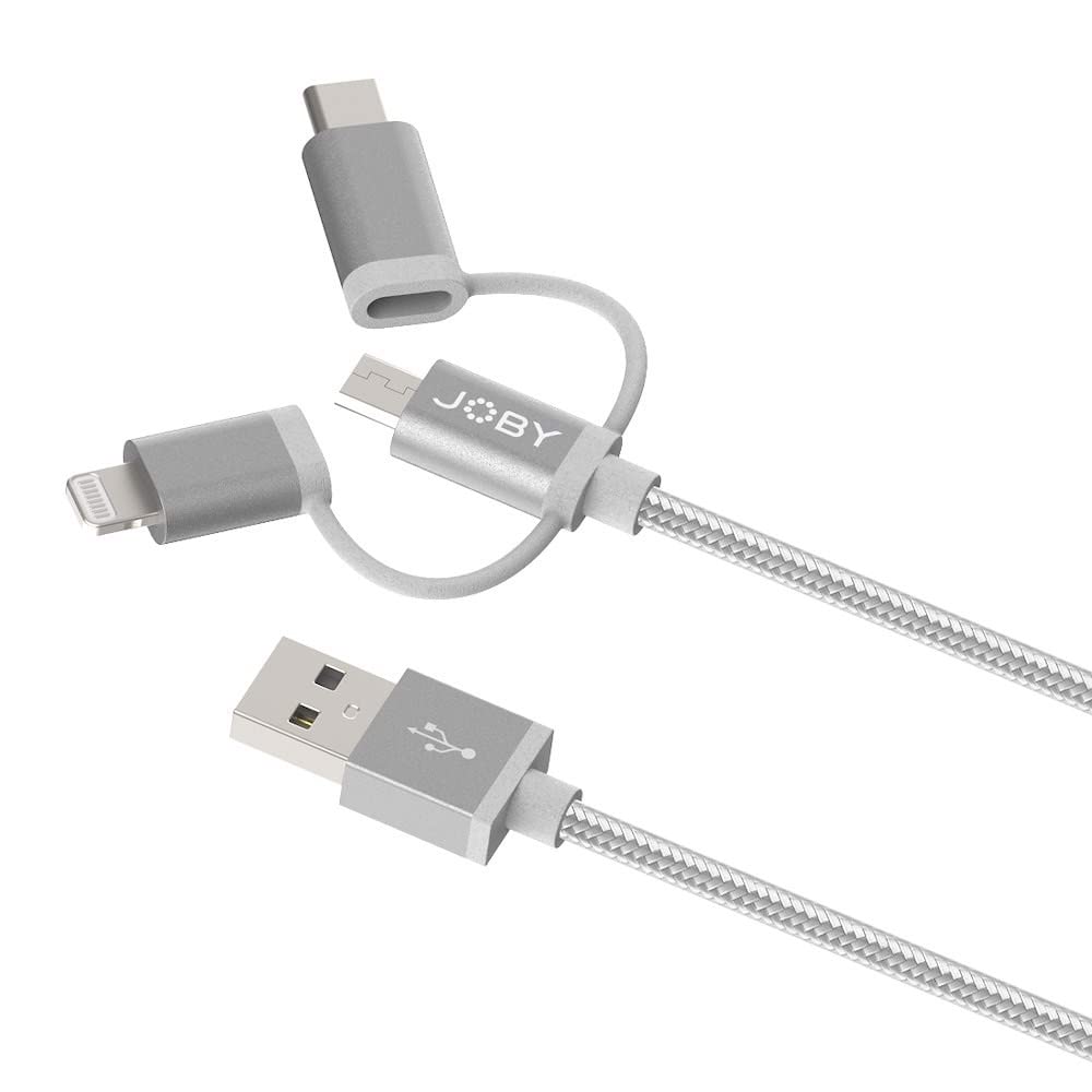 JOBY 3-in-1 Charging & Sync Cable - 1.2m MFi Certified Lightning/USB-C/Micro USB Cable for iPhone, Android, Tablets - Space Gray | Perfect for Travel, Home & Office Use